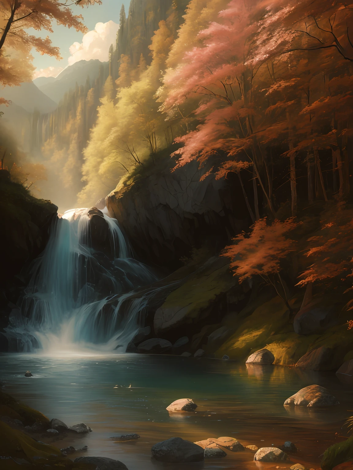 painting of a waterfall in a forest with a waterfall in the background, 8 k resolution digital painting, 8k resolution digital painting, 4k hd matte digital painting, 8k stunning artwork, beautiful digital painting, 4 k digital painting, 4k digital painting, stunning digital painting, beautiful art uhd 4 k, detailed painting 4 k, gorgeous digital painting, ryan dyar