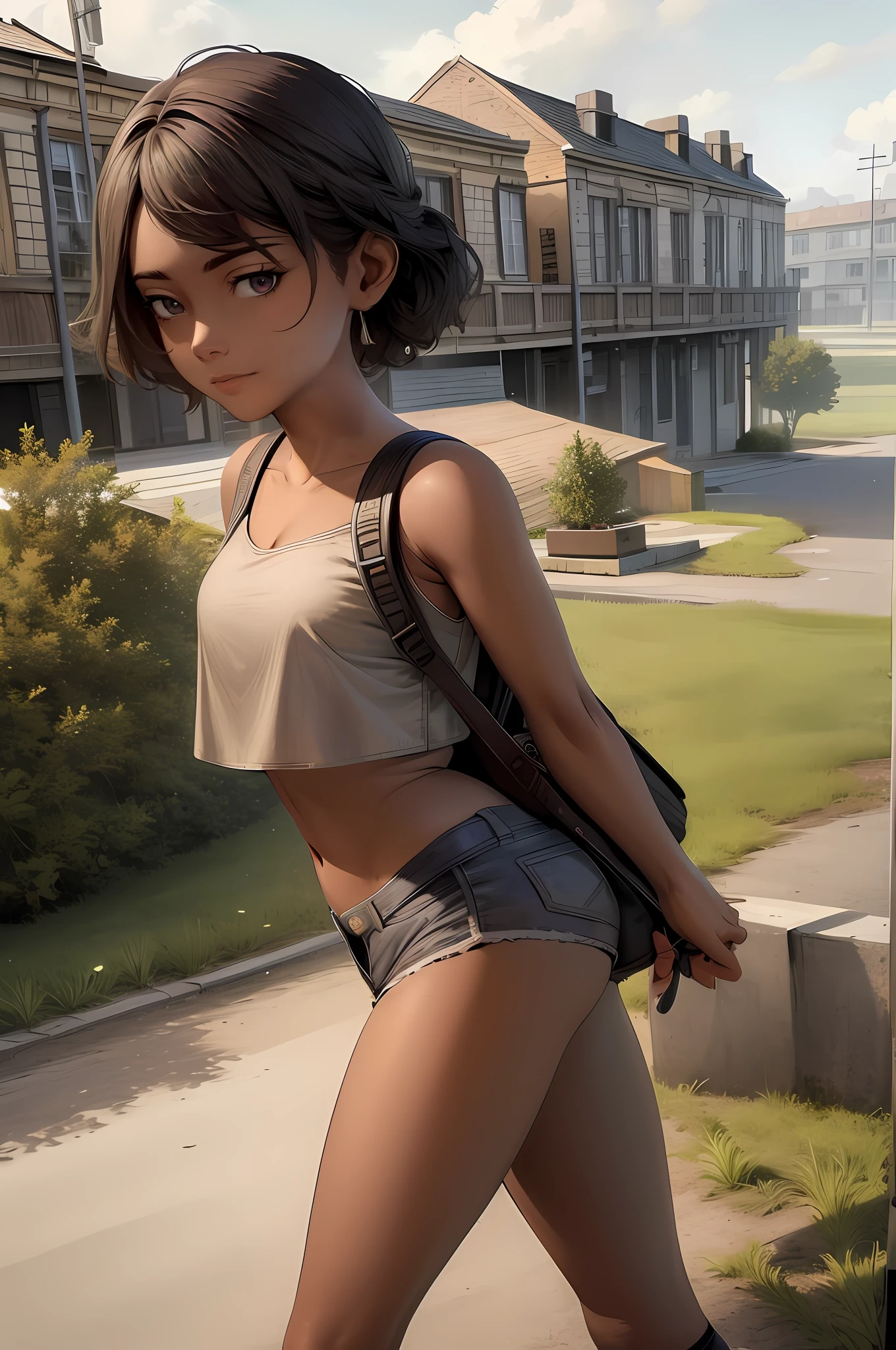 ((masterpiece, best quality)), solo ,1girl, clementine, dark skin,  hot pants, crop top, shoulder length hair, backpack, school yard