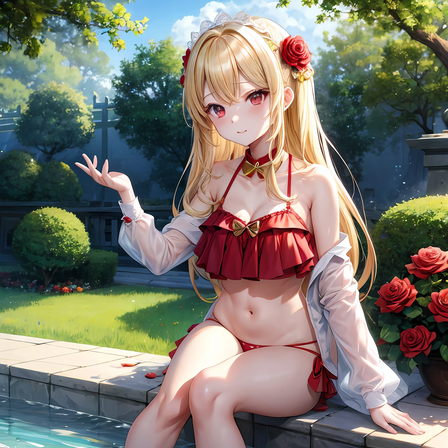 blonde hair、red eyes、One pretty girl、独奏、animesque、The bikini、Rose Garden