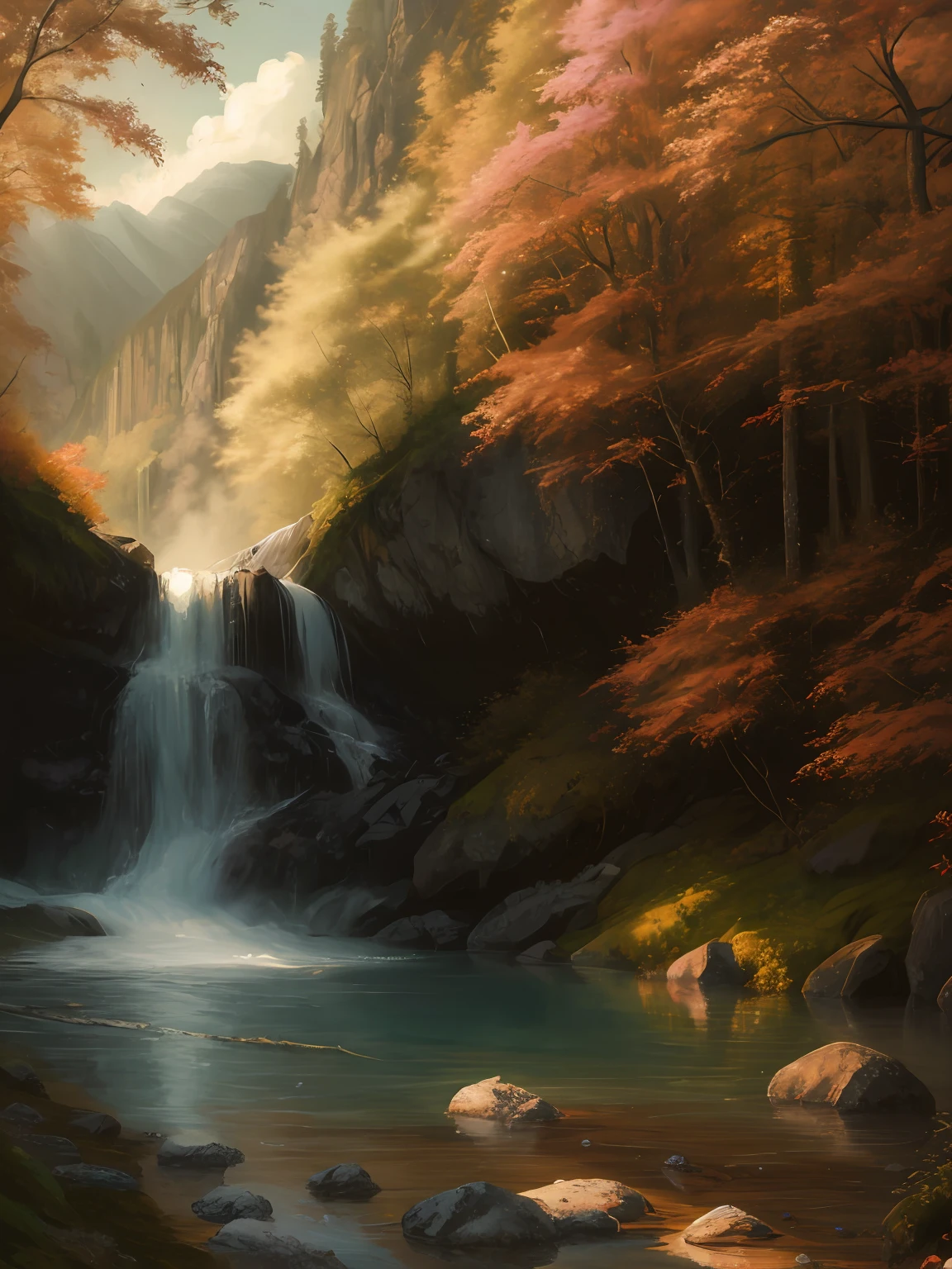 painting of a waterfall in a forest with a waterfall in the background, 8 k resolution digital painting, 8k resolution digital painting, 4k hd matte digital painting, 8k stunning artwork, beautiful digital painting, 4 k digital painting, 4k digital painting, stunning digital painting, beautiful art uhd 4 k, detailed painting 4 k, gorgeous digital painting, ryan dyar