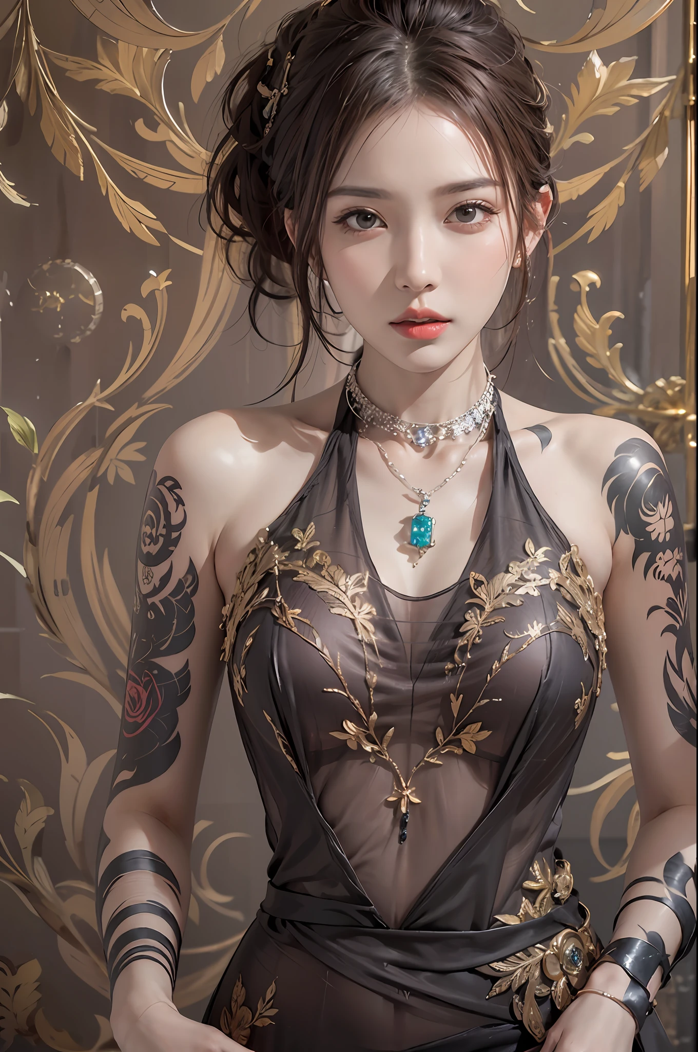 photorealistic, high resolution, 1women, solo, hips up, look at viewer, (detailed face), superstar dress, tattoo, jewelry