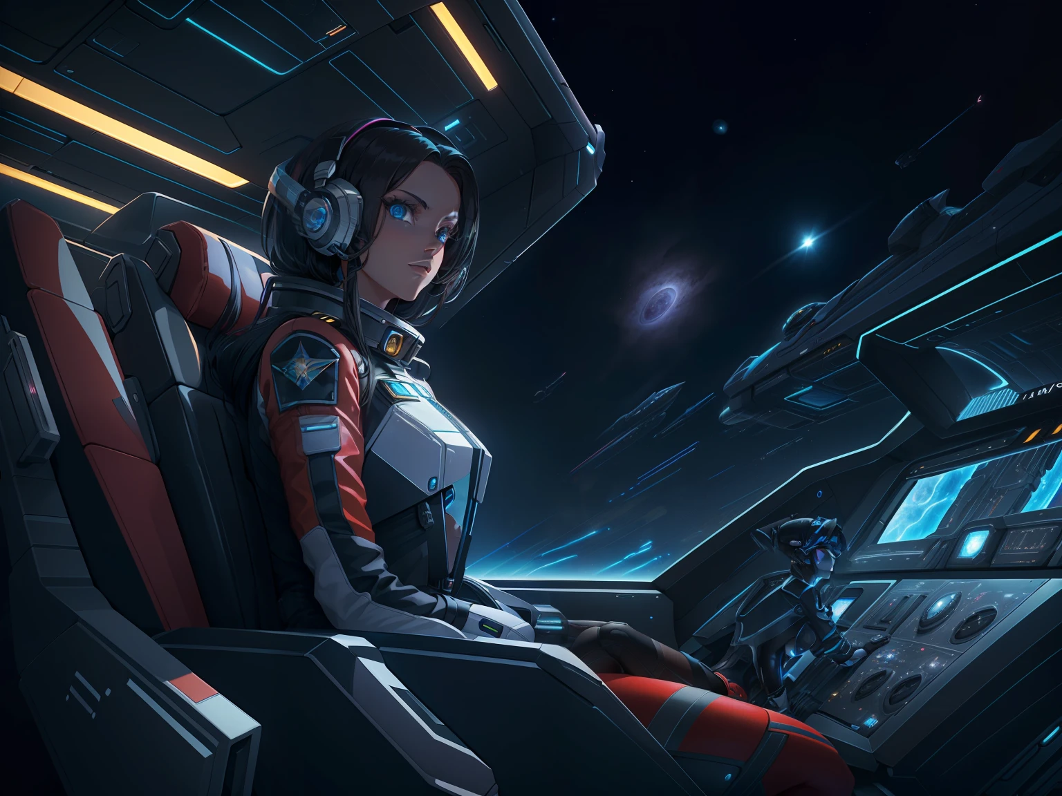 A extreme 90 meters long shot exterior view of the cockpit, a beautiful vibrant female space adventurer seated in the captain's chair in deep space super sleek futuristic spaceship design of the future, looking at the intrepid commander of space adventurer in her planetary pursuit , octane render, high quality star sailor woman hyperdetailed space transport, dark forbidding planet system 24k photorealistic