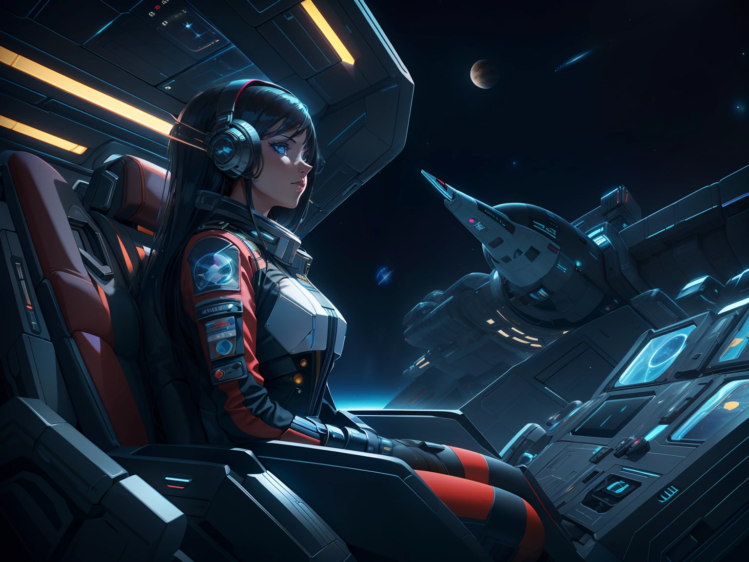 A extreme 90 meters long shot exterior view of the cockpit, a beautiful vibrant female space adventurer seated in the captain's chair in deep space super sleek futuristic spaceship design of the future, looking at the intrepid commander of space adventurer in her planetary pursuit , octane render, high quality star sailor woman hyperdetailed space transport, dark forbidding planet system 24k photorealistic