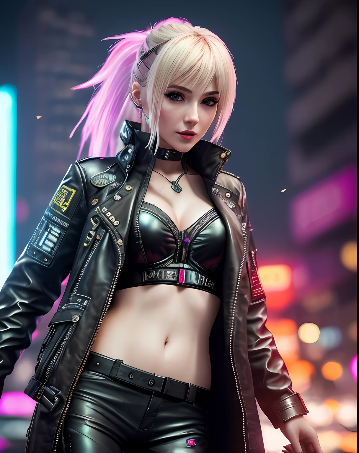 an ultra realistic portrait of a very beautiful blonde posing for a photo in a leather jacket and colourful pants on a street, extremely detailed facial features, hero pose colorful city lighting, seductive cyberpunk dark fantasy, model girl, in cyberpunk style, cyberpunk beautiful girl, beautiful cyberpunk woman model, realistic Barbie doll , realistic anime style, cyberpunk outfit, female cyberpunk anime girl, urban fantasy style,cinematic, Hyper-detailed, insane details, Beautifully color graded, Unreal Engine, DOF, Super-Resolution, Megapixel, Cinematic Lightning, Anti-Aliasing, FKAA, TXAA, RTX, SSAO, Post Processing, Post Production, Tone Mapping, CGI, VFX, SFX, Insanely detailed and intricate, Hyper maximalist, Hyper realistic, Volumetric, Photorealistic, ultra photoreal, ultra-detailed, intricate details, 8K, Super detailed, Full color, Volumetric lightning, HDR, Realistic, Unreal Engine, 16K, Sharp focus, cgsociety 9, fractal isometrics details bioluminescens : a stunning realistic photograph 28 years