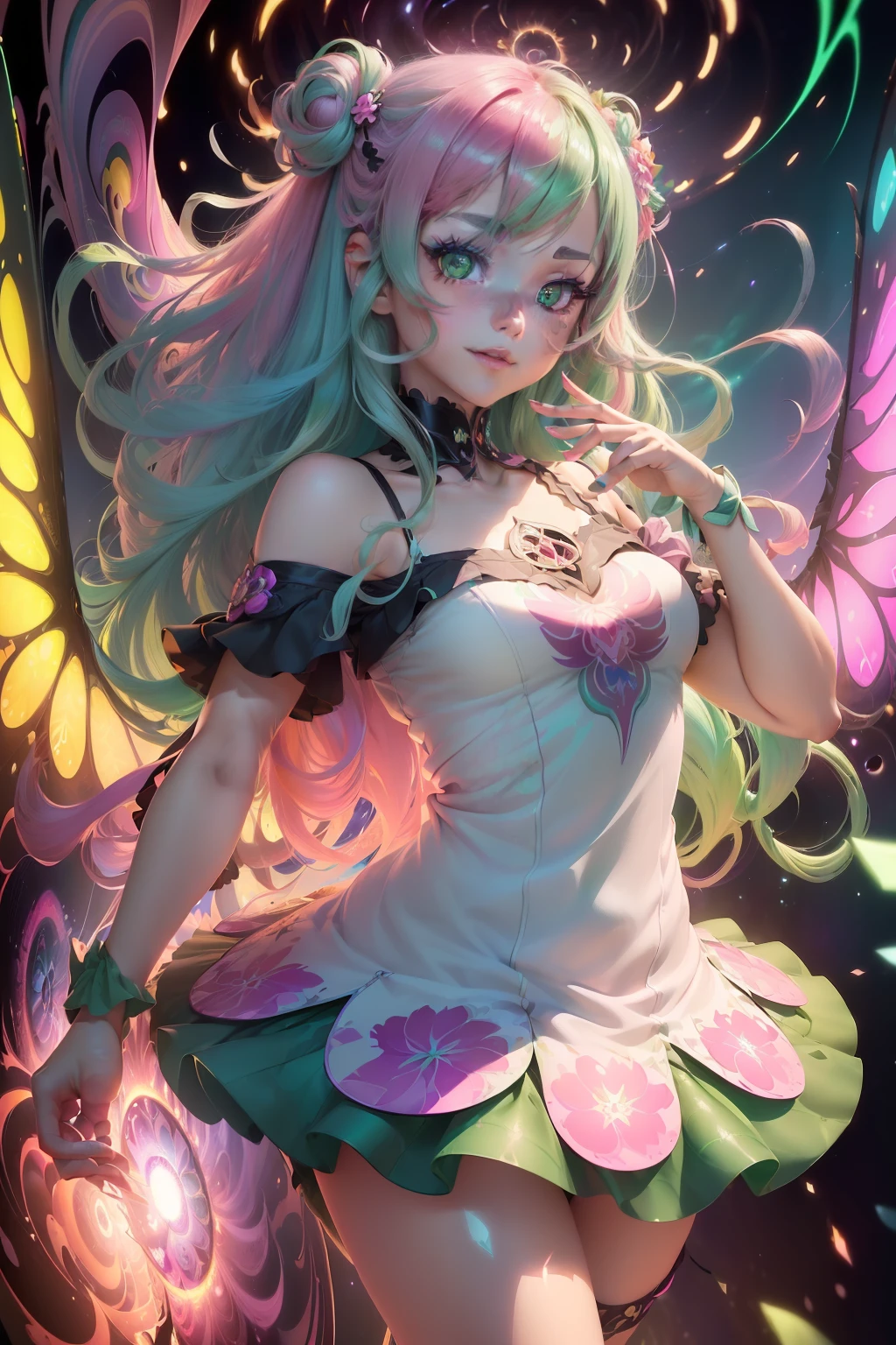 (1girl in), (a magical world,Fantastic world, Girl dancing with happy expression,  (Long hair, Dye your hair in pastel colors:1.2), (Heterochromia, emerald green eyes and bright pink eyes,:1.3), (Gradient Eyes:1.1), (finely detailed beautiful eye:1.1), (Symmetrical eyes:1.1), (big highlight on eyes:1.3), (Magical girl tops and miniskirts:1.1), (Wings pulsating with magical powers:1.2), (Colorful floral pattern:1), (Wormhole World:1.3), (Effect of emitting brilliant fluorescent light:1.1), (Light flickering effect, Create a distorted neon-like effect:1.1), (masutepiece:1.3), (Illustration:1.1), (Best Quality:1.1), (best aethetic:1), (Beautiful Art:1.2), (Ultra-detailed:1.2), (8K), (nffsw), (Convoluted)、Emphasis on the thighs、