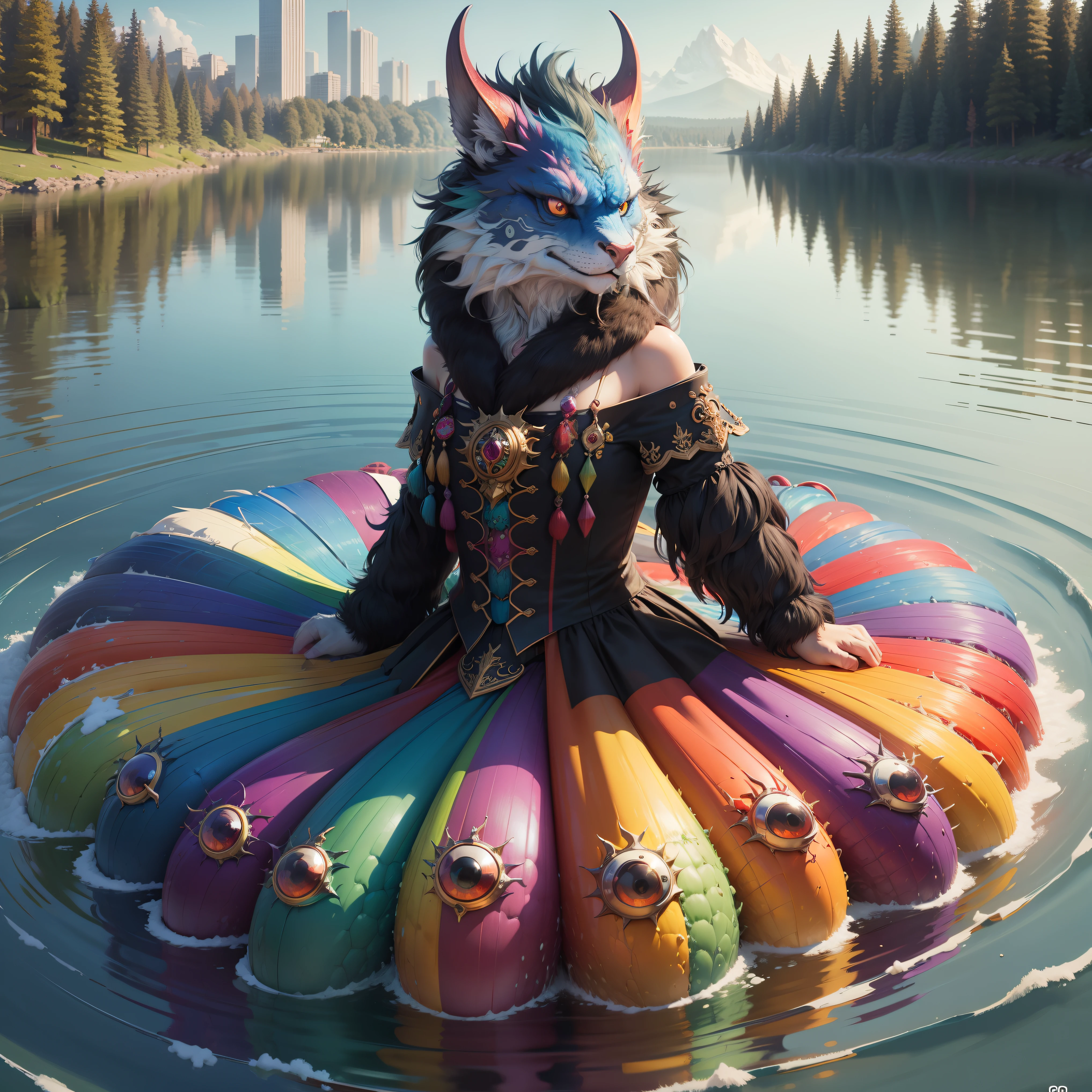 Best quality, Masterpiece, extremely detailed multicolored monster coming out from city lake, 8k real