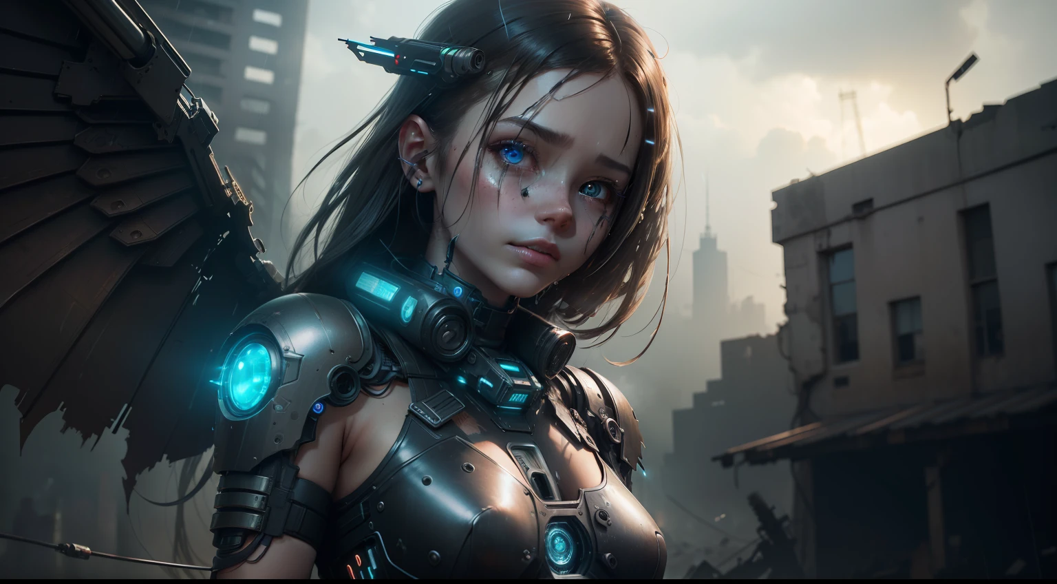 best quality, masterpiece, cinematic, volumetric lighting, sidelighting, 1girl, android, cyborg, mechanical wings, heavily damaged, dark, sad, raining, abandoned, (oil, loose wires, exposed metal parts), apocalyptic, extreme detail, detailed face, detailed eyes