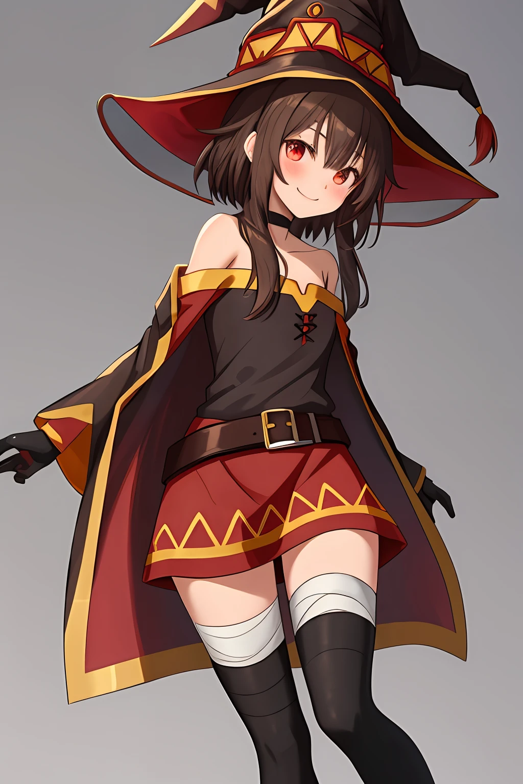 Megumin, Crazy Wizard, 1 Girl, Solo, Witch Hat, Brown Hair, Long Short Hair, Red Eyes, Blush, Evil Smile, Black Choker, Clavicle, Flat Chest, Off-Shoulder Dress, Red Dress, Brown Cloak, Long Sleeves, Black Gloves, Fingerless Gloves, Brown Belt, Gold Trim, (Asymmetrical legs: 1.4), unmatched legwear, (bandaged legs: 1.3), black thighs, (arms behind the back: 1.3), simple background, high quality, high resolution. ((outdoors))