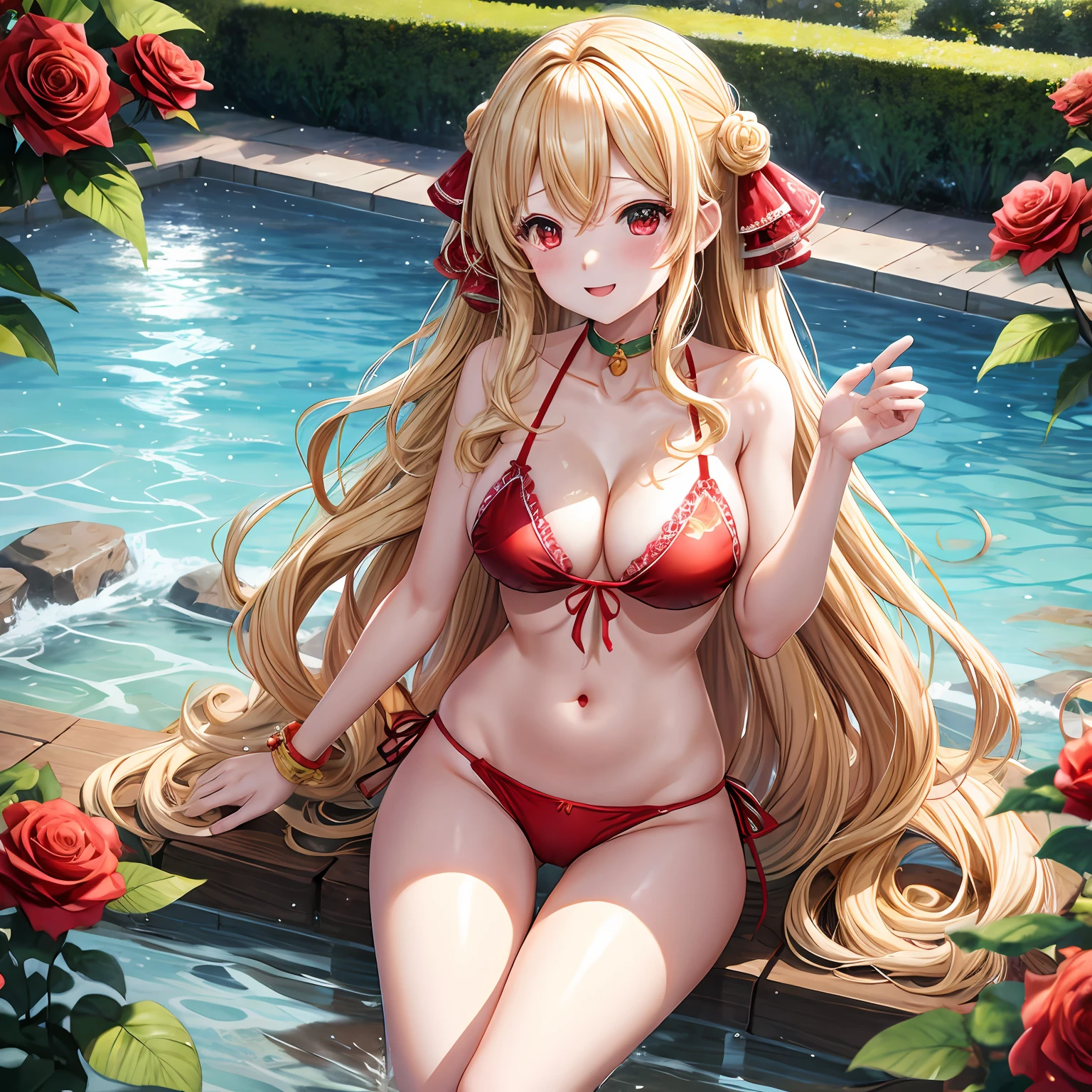 Wavy blonde hair、red eyes、One pretty girl、独奏、animesque、The bikini、rose garden