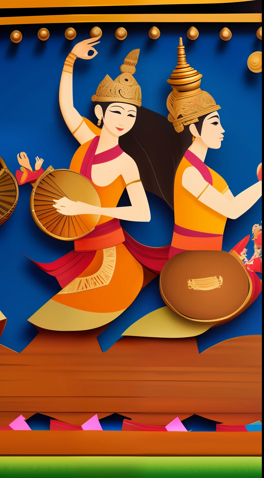 Dancing Gamelan with Gamelan costumes, Indonesia, marimba play, in Bali island forest, fine weather, blue sky, shiny sun, marimba in spite of gamelan instruments, with gamelan mallets, 2 dancers in front of the marimba, symmetry, horizontal canvas, drawing-like style