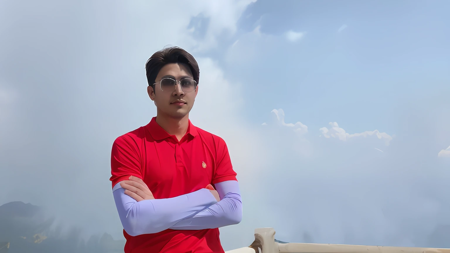 A handsome man，Keep hair short，Wears transparent glasses，standing with arms crossed。He wears a red short sleeve and light purple ice sleeve。