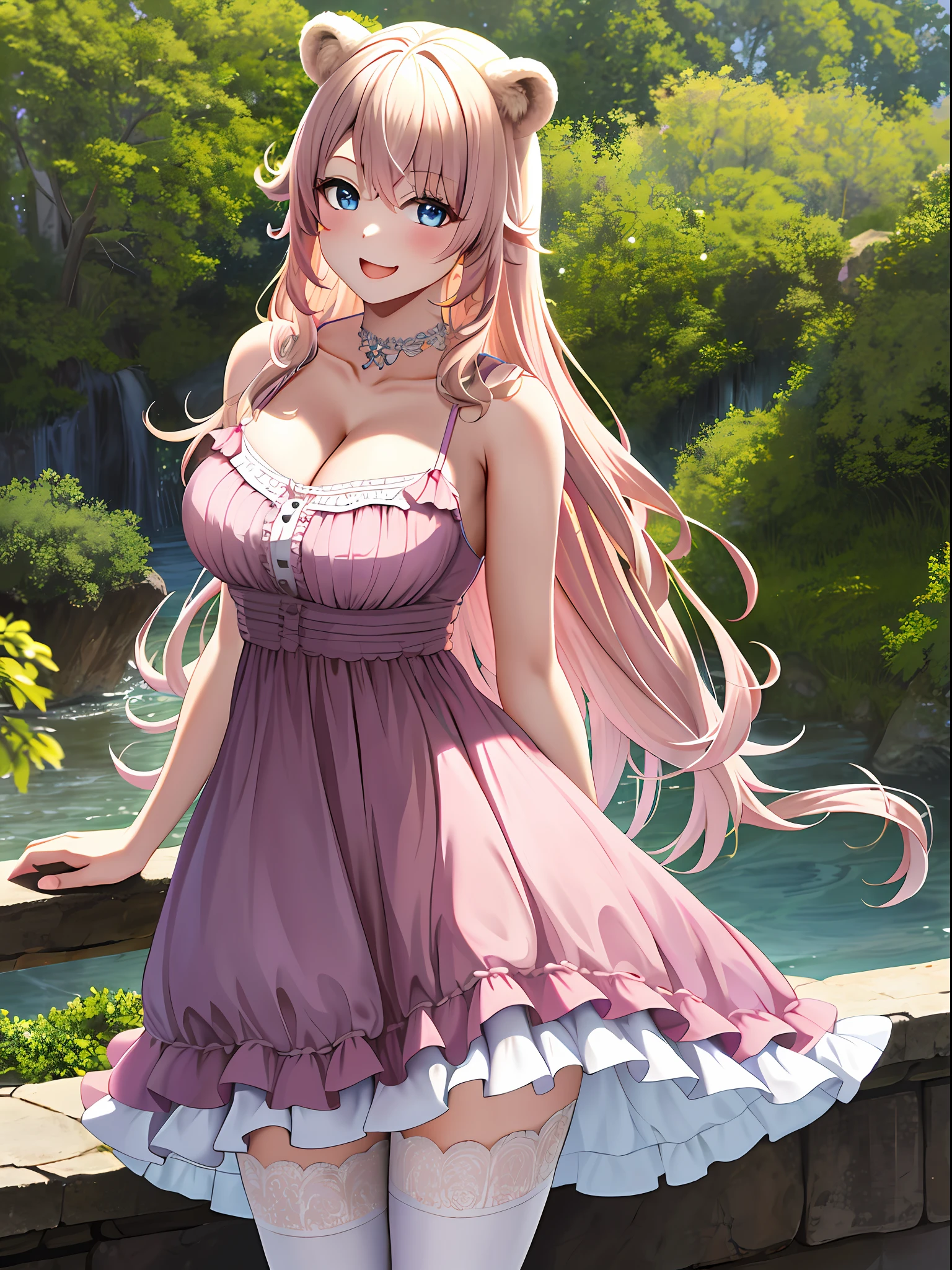 (leaning over:1.4), (masterpiece:1.2, best quality), (real picture, intricate details), 1girl, solo, absurdres, cowboy shot, standing, outdoors, :3, smile, bear girl, bear ears, ((light pink dress)), white thighhighs, platinum blonde hair, gray blue eyes, long hair, strawberry choker, smile, open mouth, one fang, large breasts, cleavage, sleeveless dress, arms behind back,