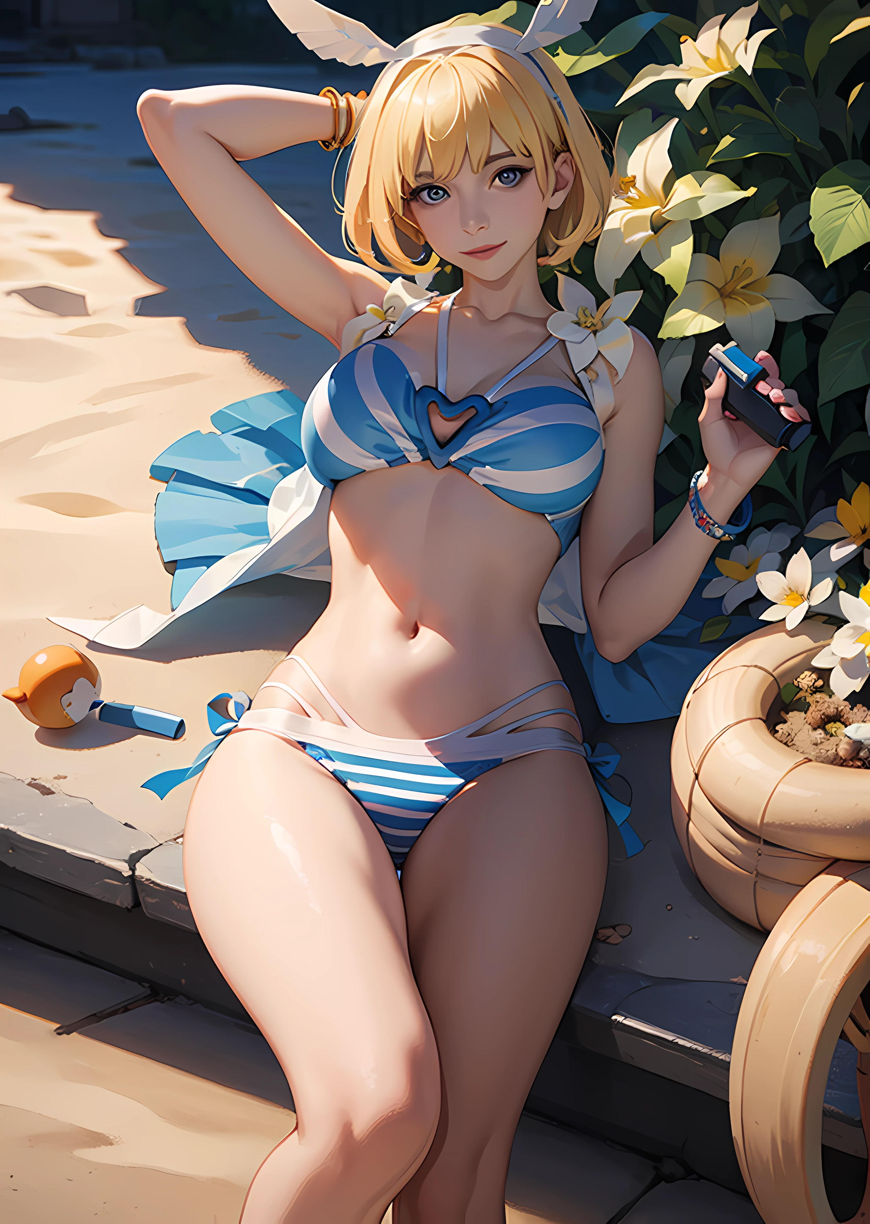 intricate detail, detailed background, extremely detailed, light magic, a young girl, clear face,beautiful face in detail and well-proportioned eyes, (transparent blue eyes: 1.8), big round eyes and very beautiful and detailed makeup, foresight, Realistic and vivid photo, highres, sharp focus, pixiv masterpiece, ((intricate details)), highly detailed, upper body,(()), 1girl, solo, looking at viewer, smile, short hair, blonde hair, navel, holding, jewelry, standing, swimsuit, full body, flower, bikini, hairband, outdoors, sky, shoes, day, striped, nail polish, bracelet, see-through, ocean, beach, sneakers, blue bikini, striped bikini, sand, water gun, holding water gun , (masterpiece,best quality:1.5),fiction art, RAW photo, hanfu picture, best photo, best photo quality, 8k quality, 8k ultra, super realistic, real photo most economical, the goddess poses sexy and setive,
