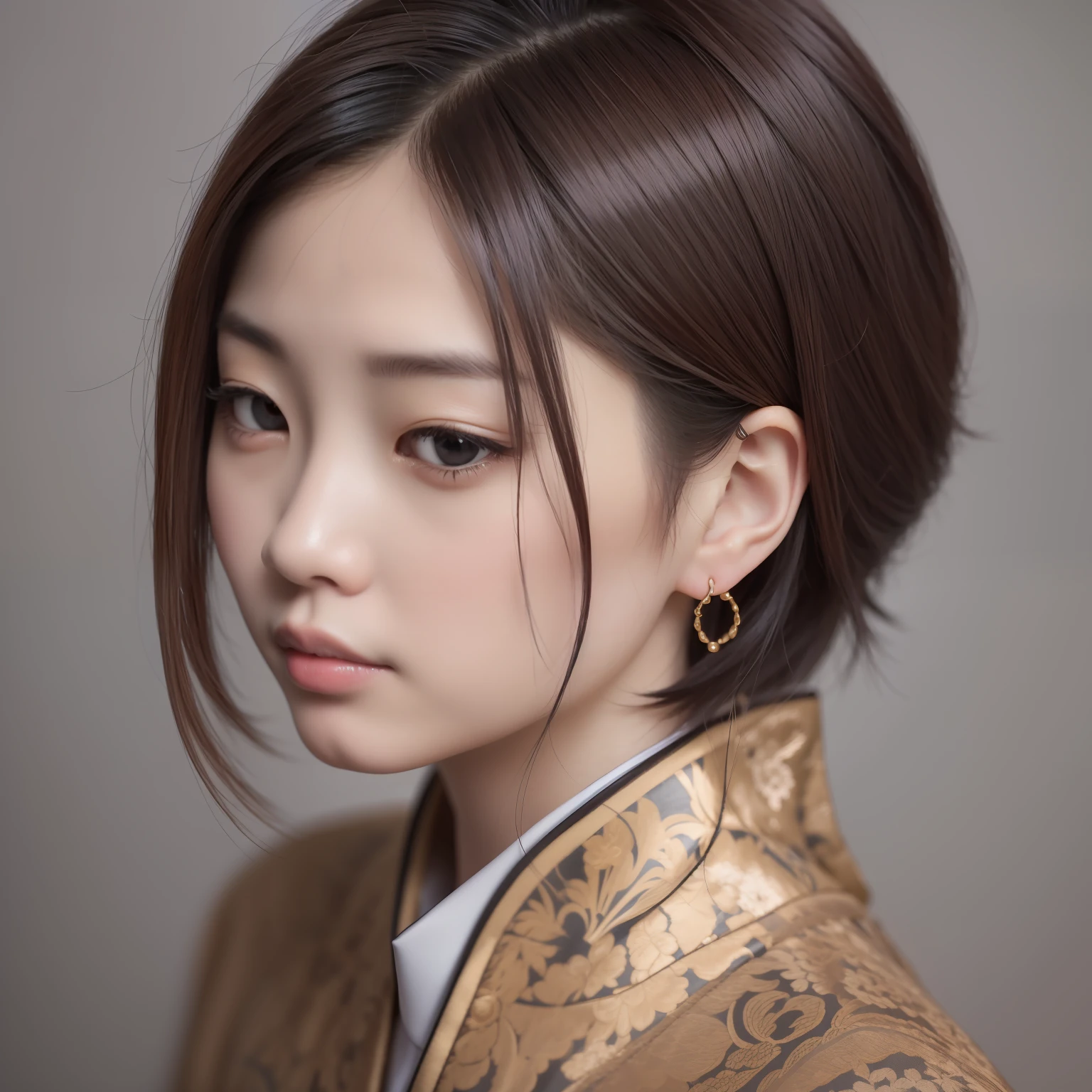 A Chinese woman, short detailed hair,Beautiful side face,holding chin in hand, Gray background