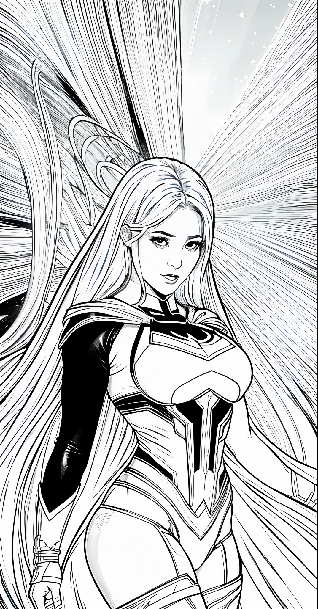 [superhero costume] +[Big-breasted female superheroine]+  [monochrome，Strong line drawing, Detailed outline] ，  full bodyesbian，Doji，Fly in the sky
