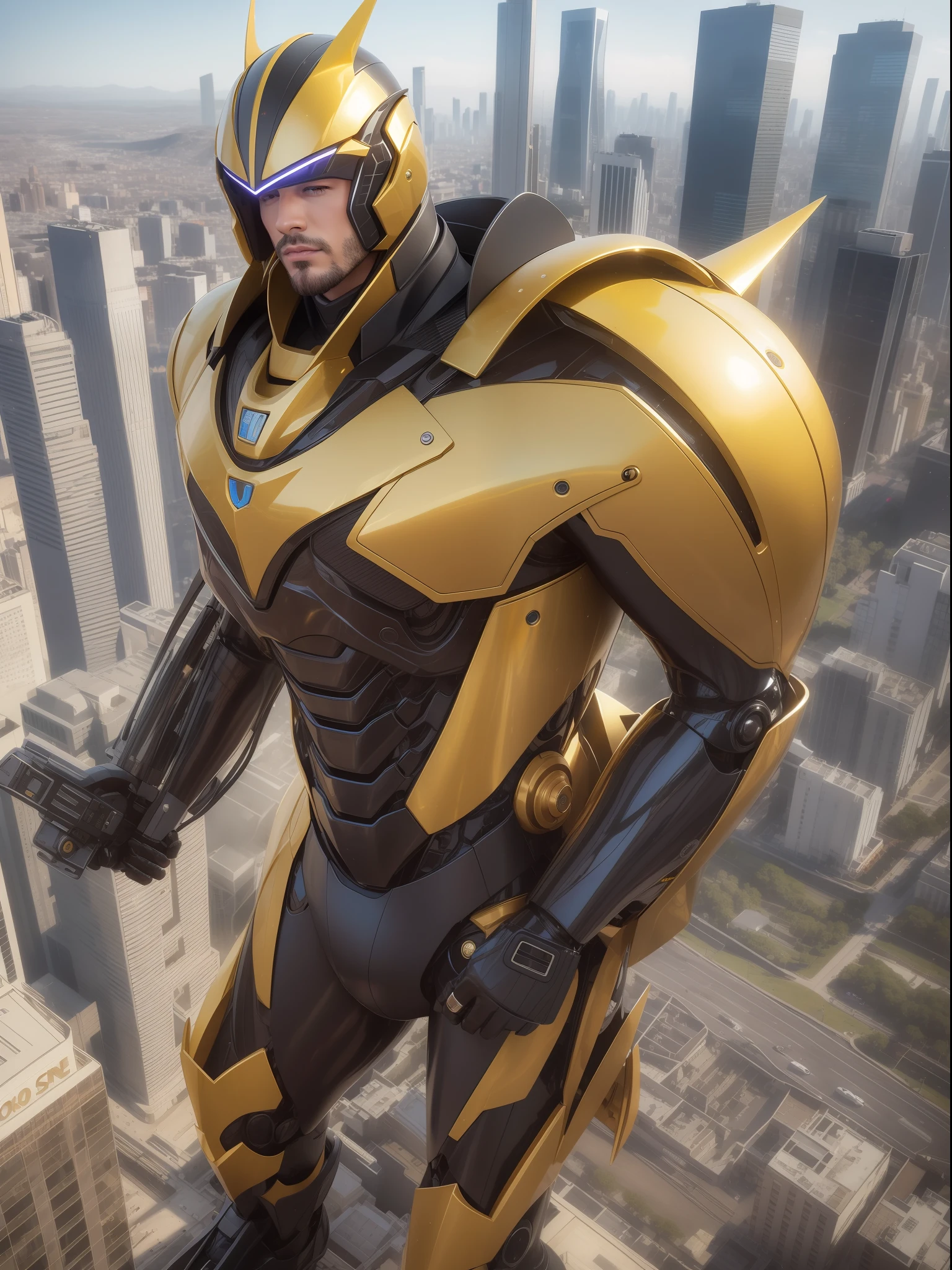 Handsome sexy Man con un traje mecha dorado muy intricado. De pie sobre un pedestal en medio de una ciudad. Pintura digital