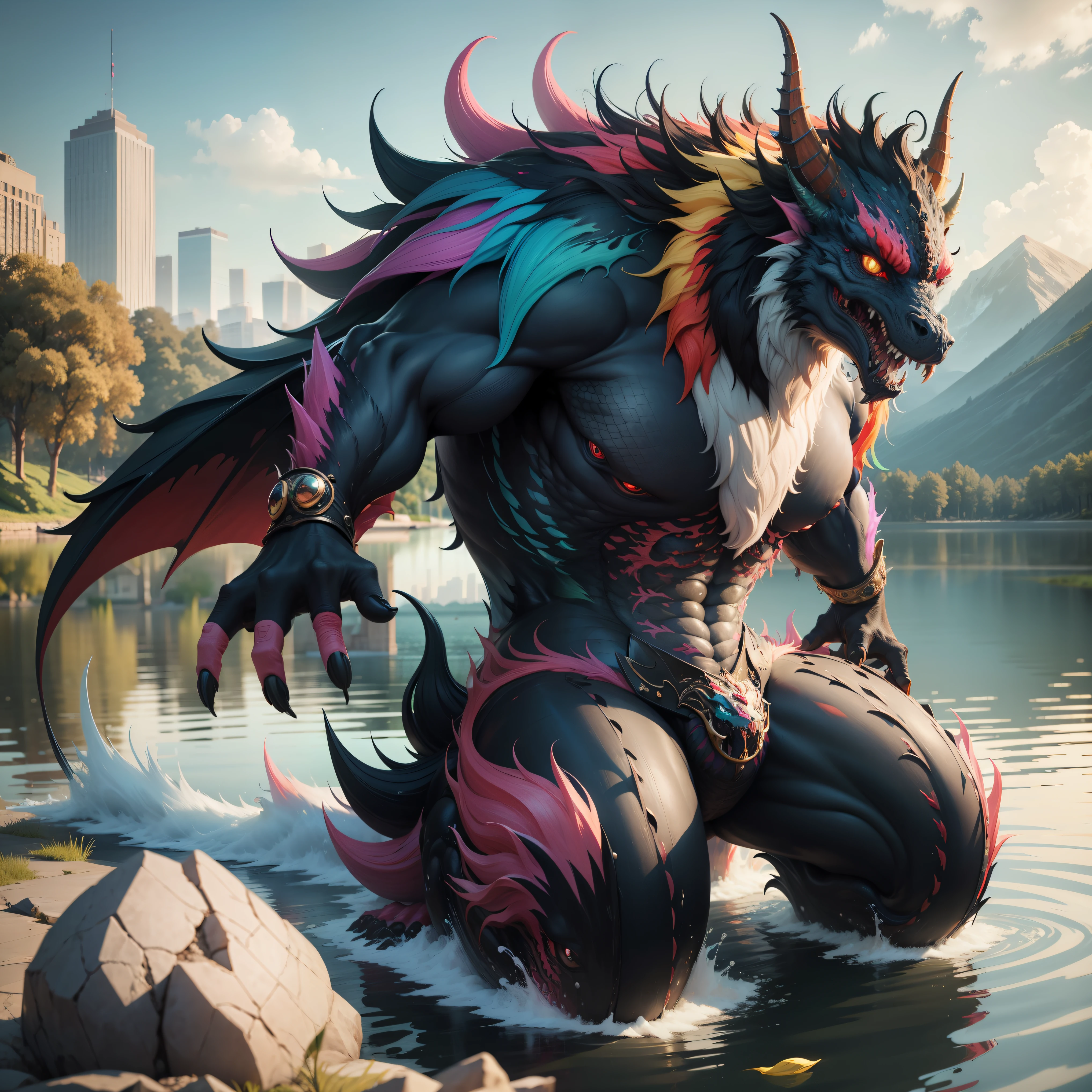 Best quality, Masterpiece, extremely detailed multicolored monster coming out from city lake, 8k real