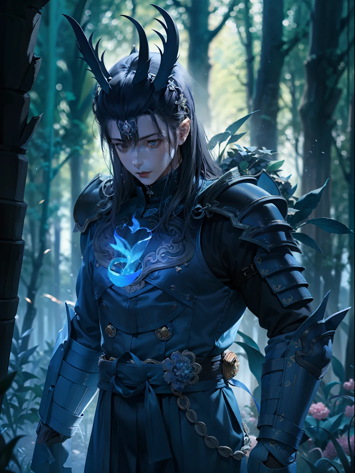 A young male ager with half japanese ghost mask holds blue fire, wears japanese black light armor, in the dark forest, cinematic lighting, depth of field, glowing light, ray tracing, reflection light, close-up, masterpiece, masterpiece, high quality, best quality, high details, ccurate, anatomically correct, textured skin, UHD, highres, 1080P