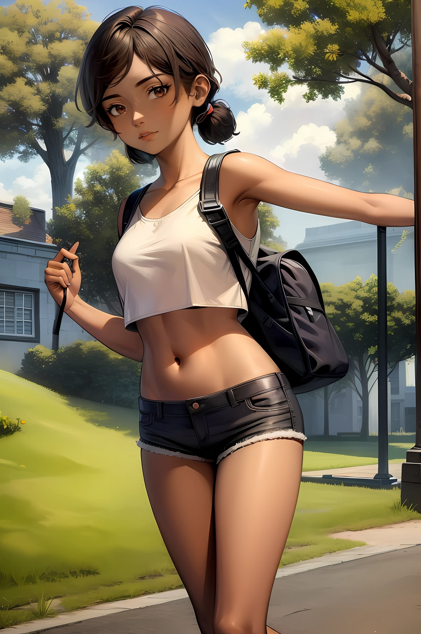 ((masterpiece, best quality)), solo ,1girl, clementine, dark skin,  hot pants, crop top, shoulder length hair, backpack, school yard