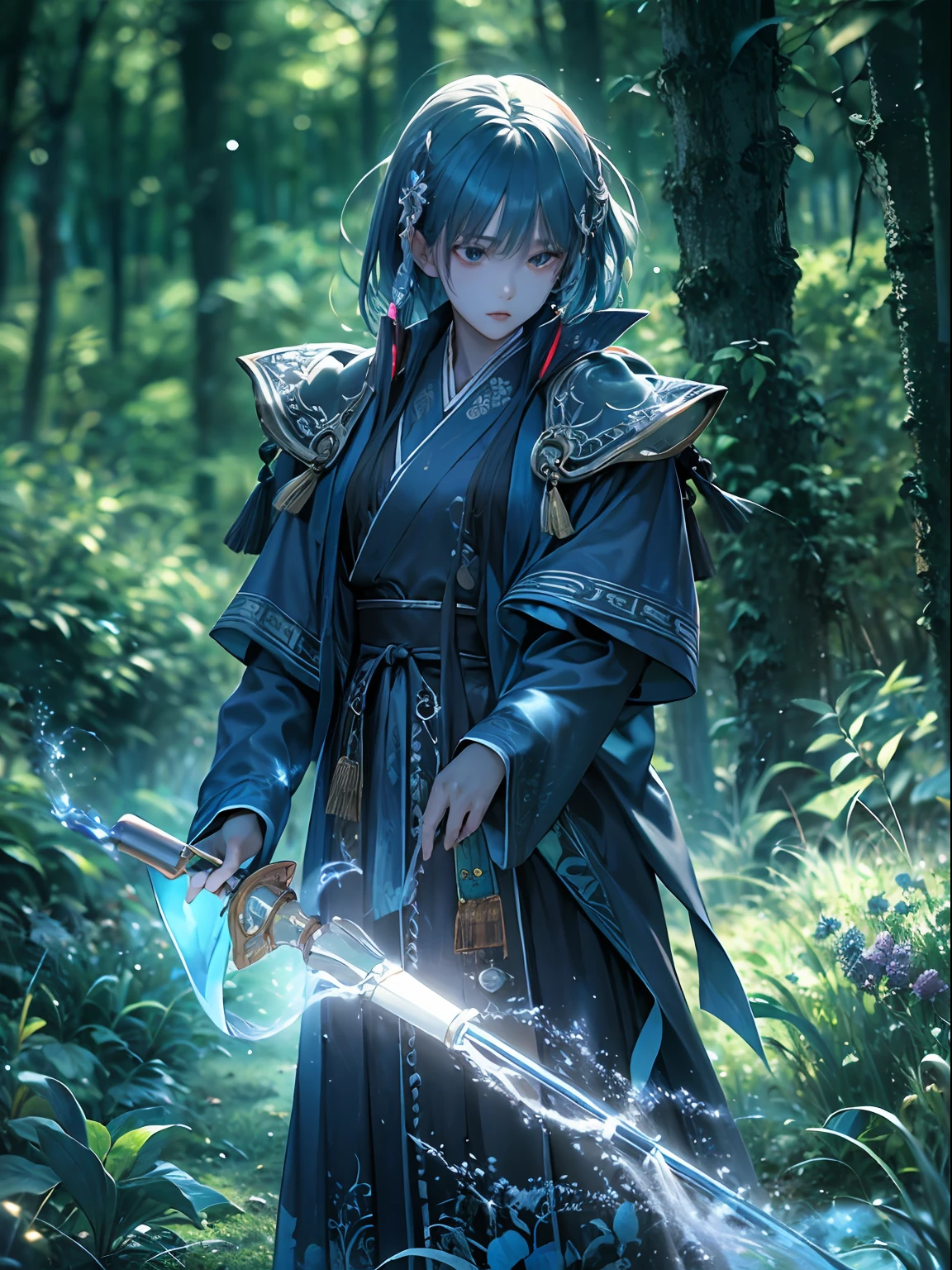 A young male teenager with half japanese ghost mask holds blue fire, wears japanese black light armor, in the dark forest, cinematic lighting, depth of field, glowing light, ray tracing, reflection light, close-up, masterpiece, masterpiece, high quality, best quality, high details, ccurate, anatomically correct, textured skin, UHD, highres, 1080P
