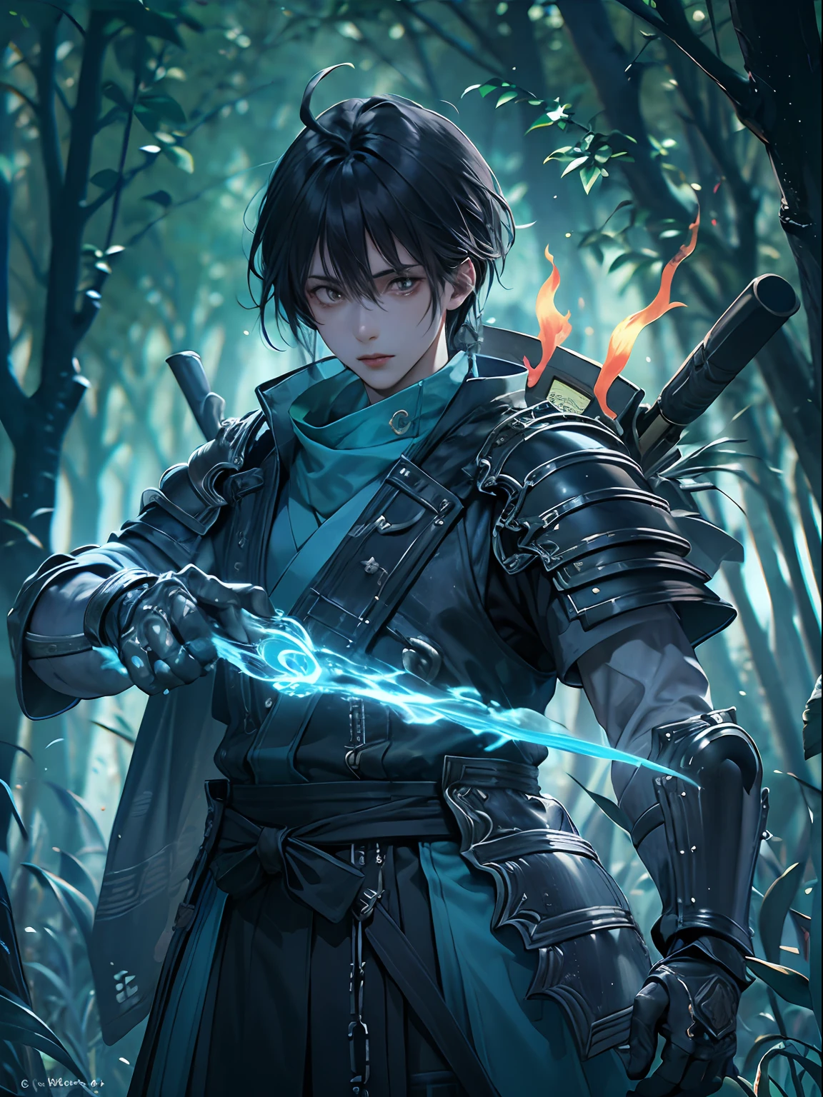 A young male ager with half japanese ghost mask holds blue fire, wears japanese black light armor, in the dark forest, cinematic lighting, depth of field, glowing light, ray tracing, reflection light, close-up, masterpiece, masterpiece, high quality, best quality, high details, ccurate, anatomically correct, textured skin, UHD, highres, 1080P