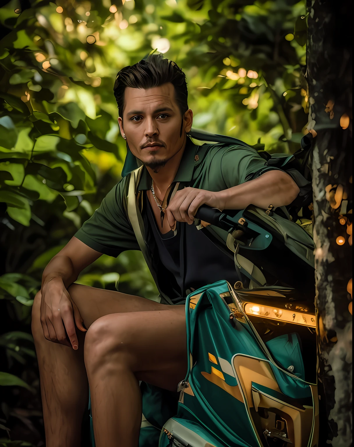 masterpiece, johnny depp walking through jungle at night among fireflies, (high detail:1 1), rough face, natural skin, high quality, nsfw, beautiful eyes, (detailed face and eyes), (face: 1 2), noise, extra, real photo, PSD, lamp film photography, sharp focus, contrast lighting, detailed skin, high resolution 8k, crazy detail, realistic, professional photography, 8k UHD, SLR camera, soft lighting, high quality, film grain, Fujifilm XT3