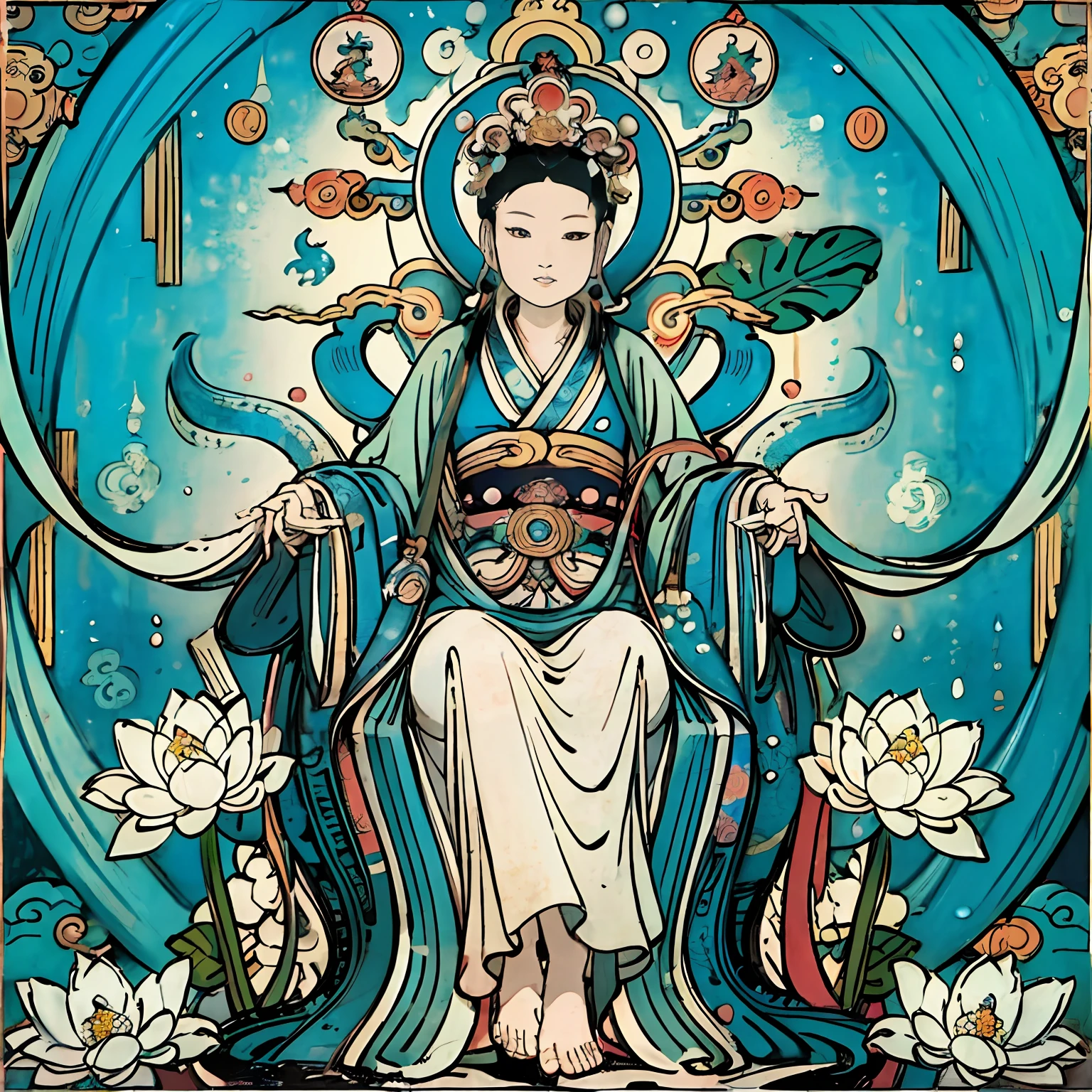 Guanyin in white sits on a lotus throne, White Guanyin Bodhisattva, Guanyin in white, lotus flowers in the foreground, Clear fingers, Clear and distinctive toes, Clear and vivid facial features,jewelry, leafs,Oriental dragon in the background