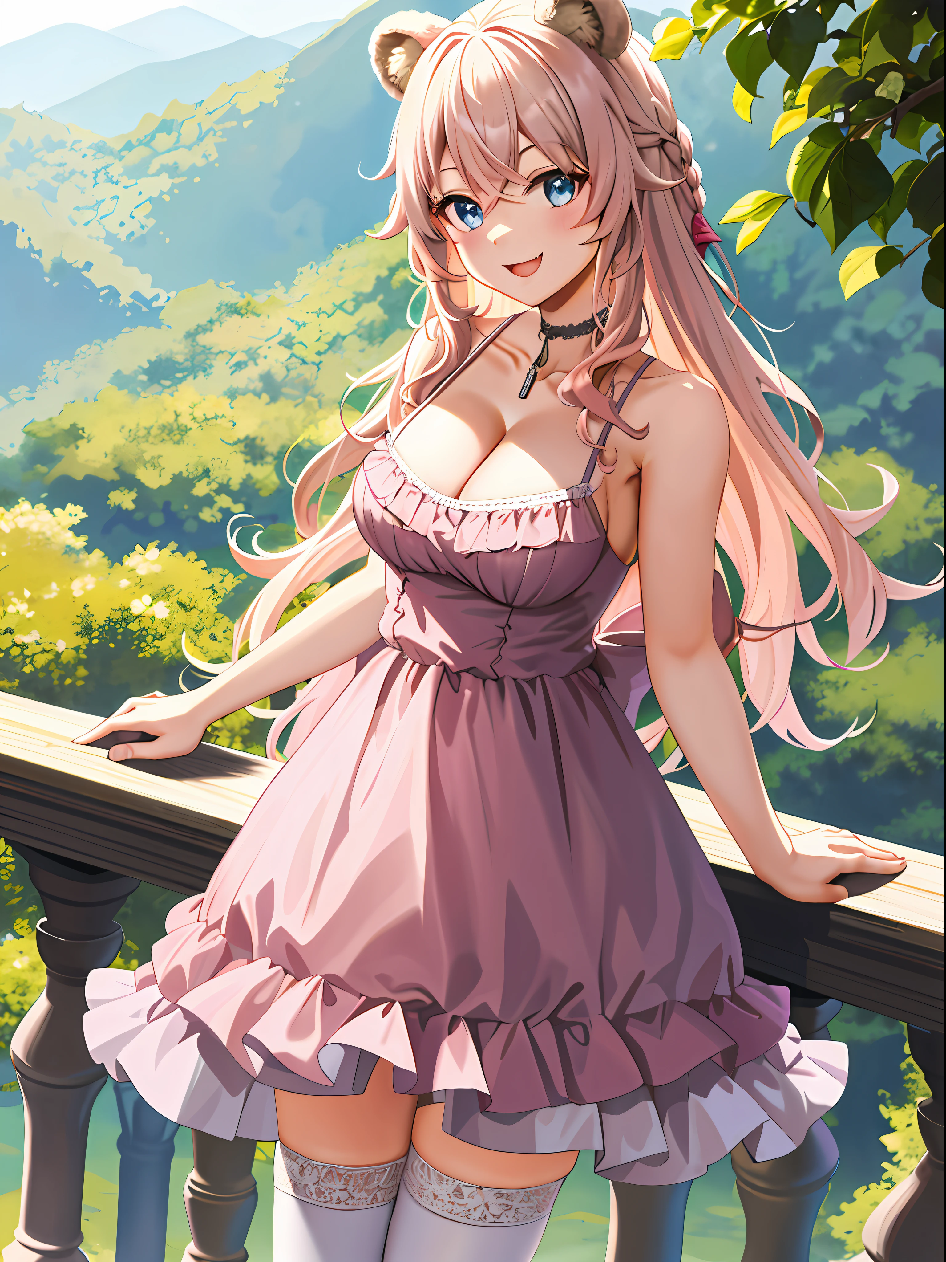 (leaning over:1.4), (masterpiece:1.2, best quality), (real picture, intricate details), 1girl, solo, absurdres, cowboy shot, standing, outdoors, :3, smile, bear girl, bear ears, ((light pink dress)), white thighhighs, platinum blonde hair, gray blue eyes, long hair, strawberry choker, smile, open mouth, one fang, large breasts, cleavage, sleeveless dress, arms behind back,