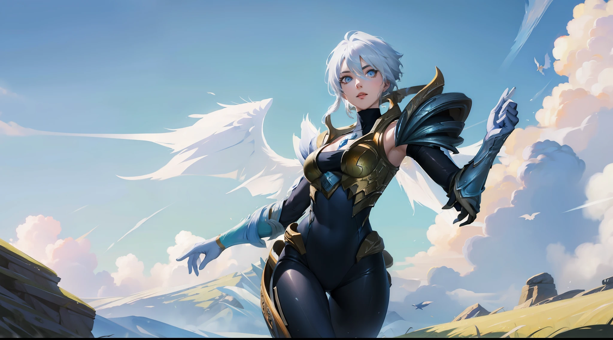 (Masterpiece:1.4), (best quality:1.2), dawnbringer riven, 1girl, bodysuit, armor, white hair, short hair