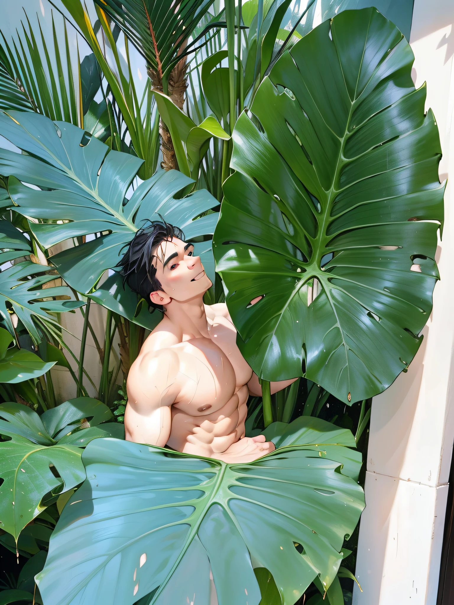 1 man, young middle-aged man, smirks, solo, white skin, chubby man, tall, hunk, big biceps, big pec, big pierced pink with barbells , abs, big thighs, bubble big butts, big bulge, big musculine thihgs, big musuline claves, wide shoulder, open chest, black short hair, wet body, black hair, shirtless, standing and holding a giant taro plant leaf , transparent white underwear erotic thong, viewer looking, high resolution:1.2, best quality, upper body shot, flat style, dark sky and tropical plants background, low camera angle, volumetric lighting, depth of field, shadow, tropical environment