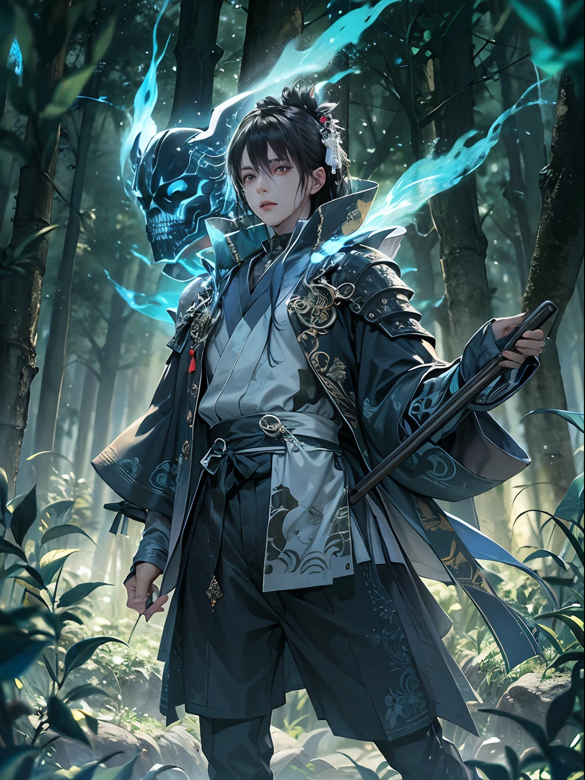 A young male teenager with half japanese ghost mask holds blue fire, wears japanese black light armor, in the dark forest, cinematic lighting, depth of field, glowing light, ray tracing, reflection light, close-up, masterpiece, masterpiece, high quality, best quality, high details, ccurate, anatomically correct, textured skin, UHD, highres, 1080P