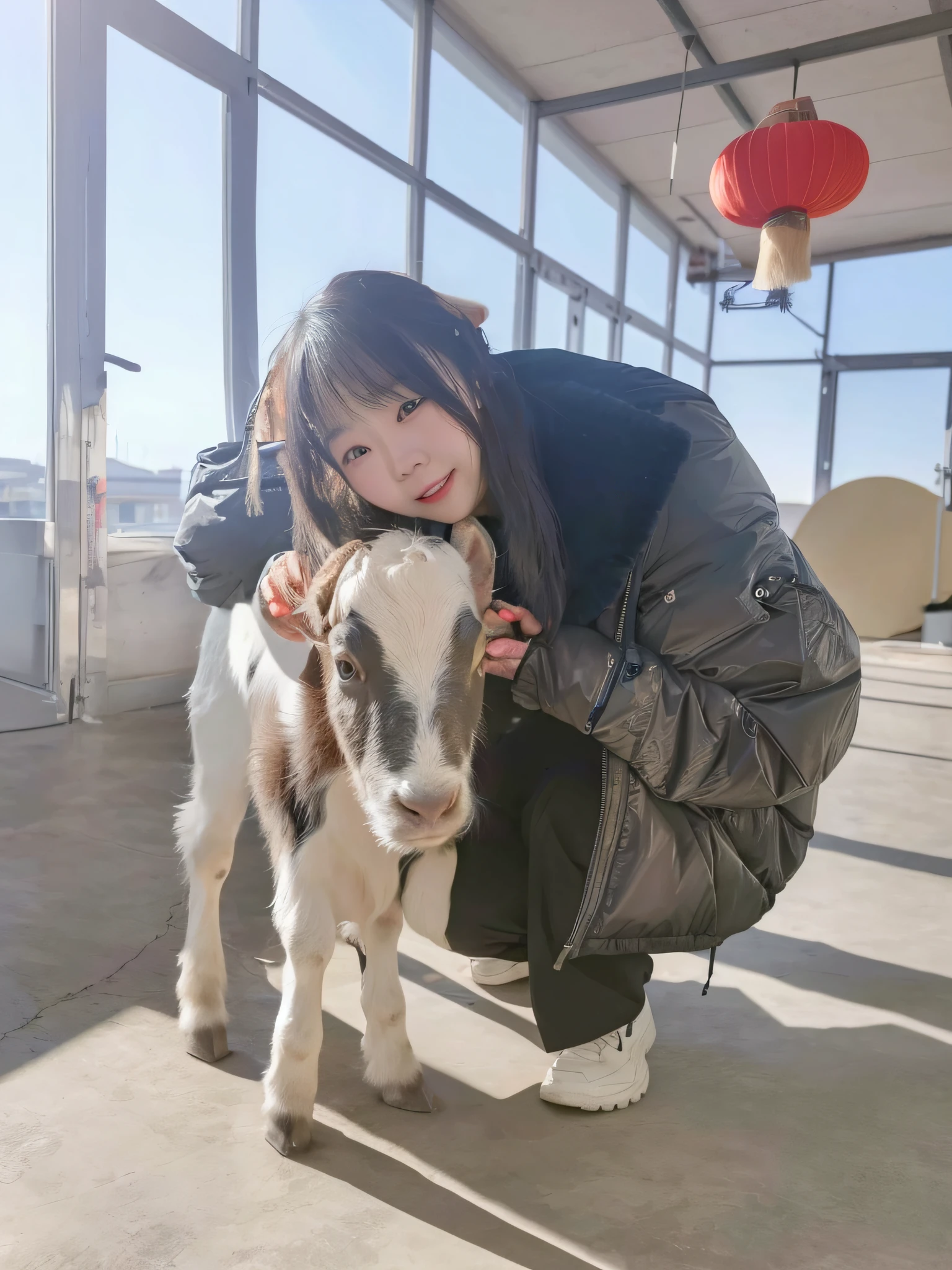 A woman in a black jacket pets a calf in a building, very very small goat, girl and a goat, sun yunjoo, unknown artist, by Yang J, artist unknown, lulu chen, 🐎🍑, Yan, 8K)), wenfei ye, holding a goat head staff, 2 0 2 2 photo, cow, awww, zun, shaxi