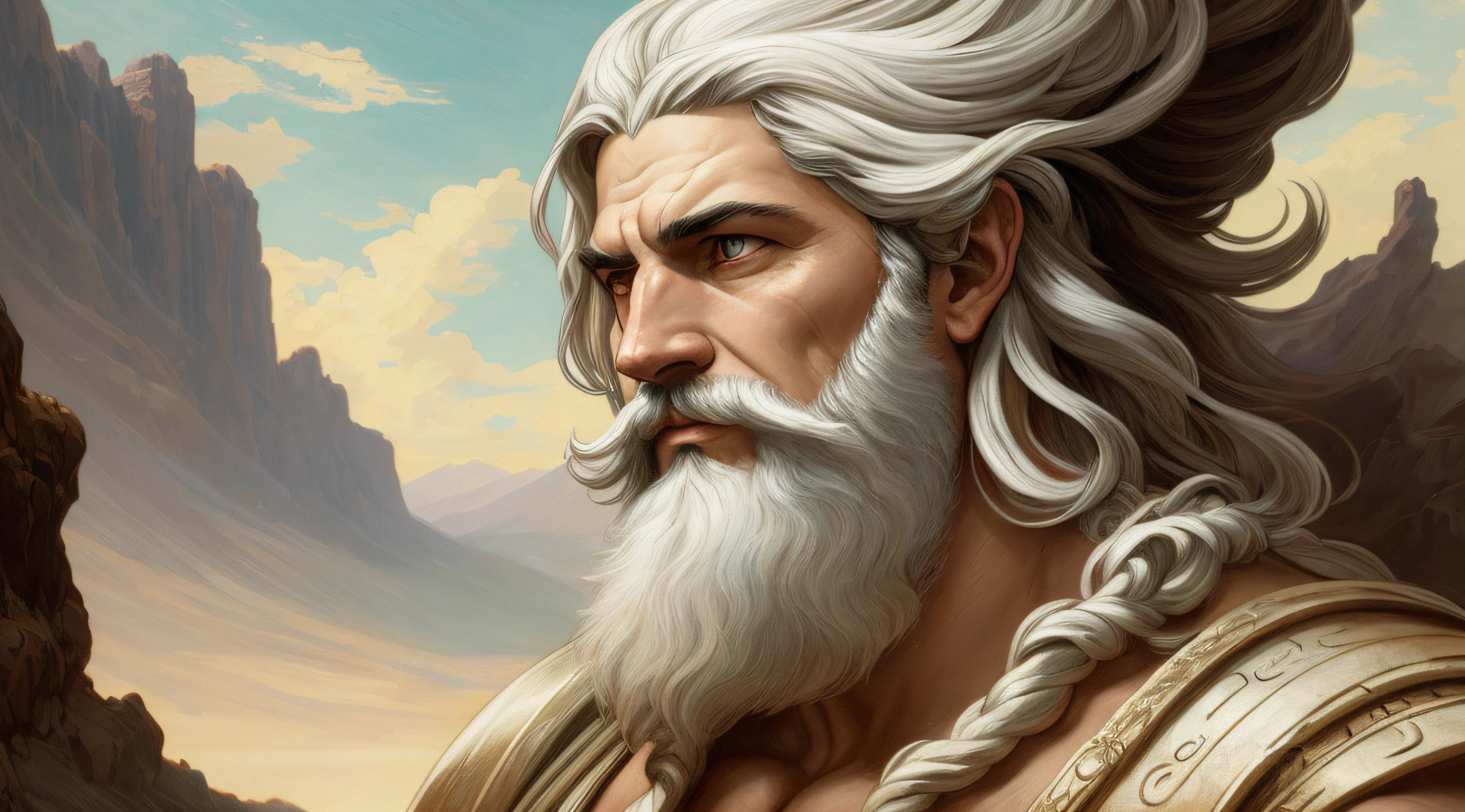 painted portrait of rugged zeus, god of thunder, greek god, on Mount Olympus, white hair, full body, mature, handsome, fantasy, intricate, elegant, highly detailed, digital painting, artstation, concept art, smooth, sharp focus, illustration, art by gaston bussiere and alphonse mucha