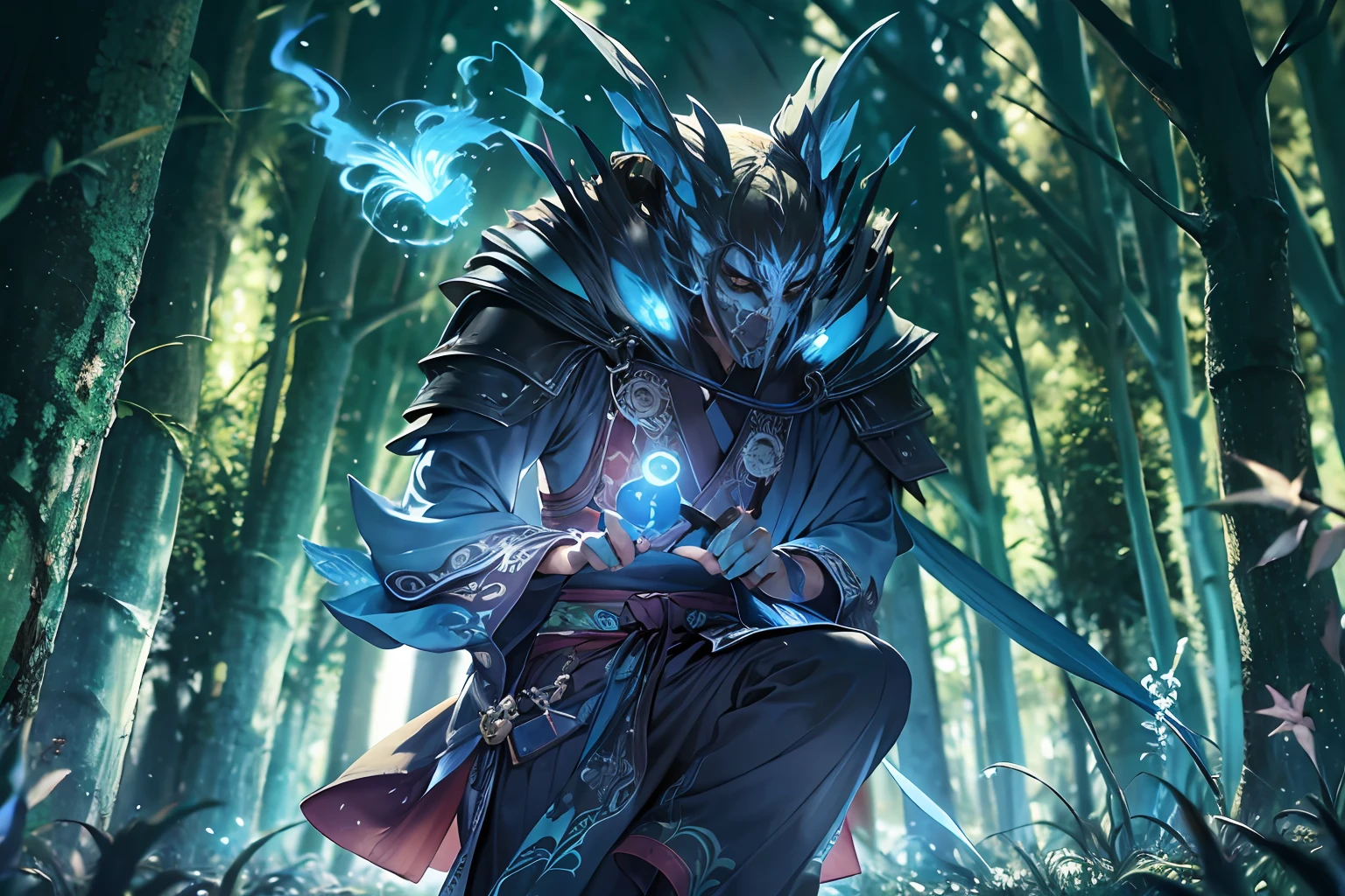 A young male teenager with half japanese ghost mask holds blue fire, wears japanese black light armor, in the dark forest, cinematic lighting, depth of field, glowing light, ray tracing, reflection light, close-up, masterpiece, masterpiece, high quality, best quality, high details, ccurate, anatomically correct, textured skin, UHD, highres, 1080P