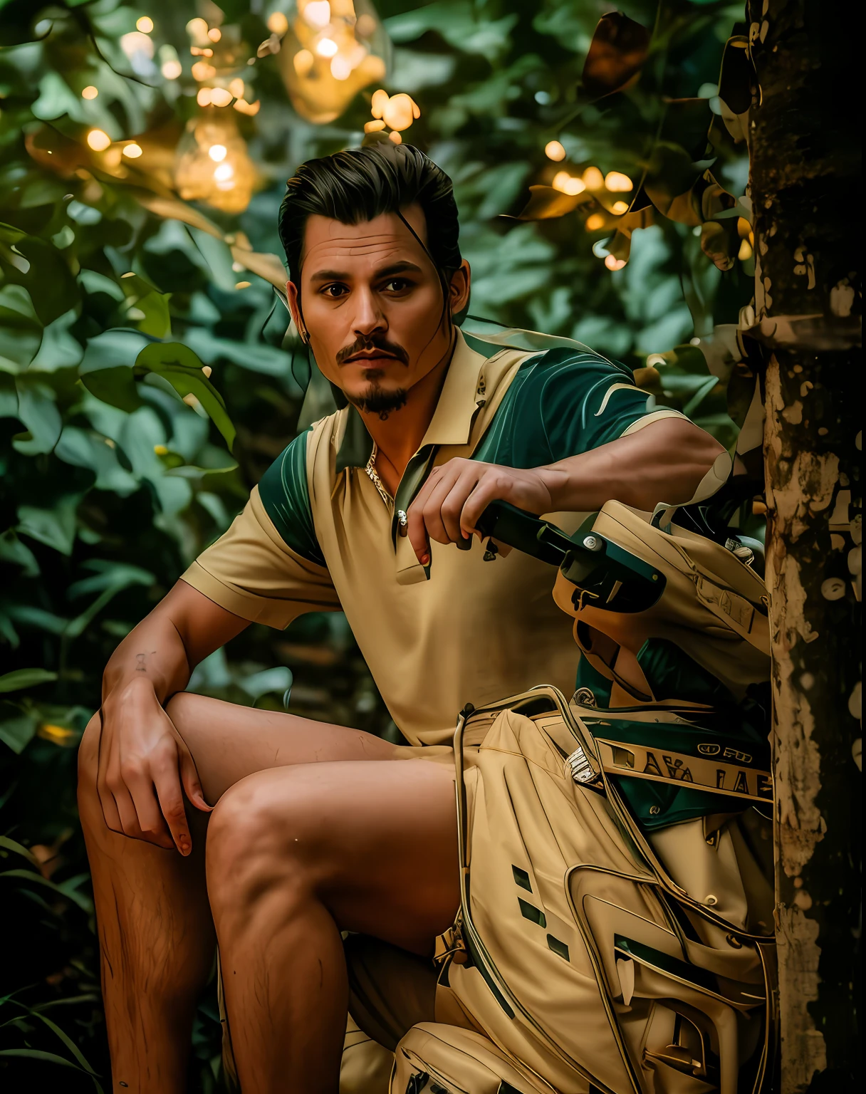masterpiece, johnny depp walking through jungle at night among fireflies, (high detail:1 1), rough face, natural skin, high quality, nsfw, beautiful eyes, (detailed face and eyes), (face: 1 2), noise, extra, real photo, PSD, lamp film photography, sharp focus, contrast lighting, detailed skin, high resolution 8k, crazy detail, realistic, professional photography, 8k UHD, SLR camera, soft lighting, high quality, film grain, Fujifilm XT3