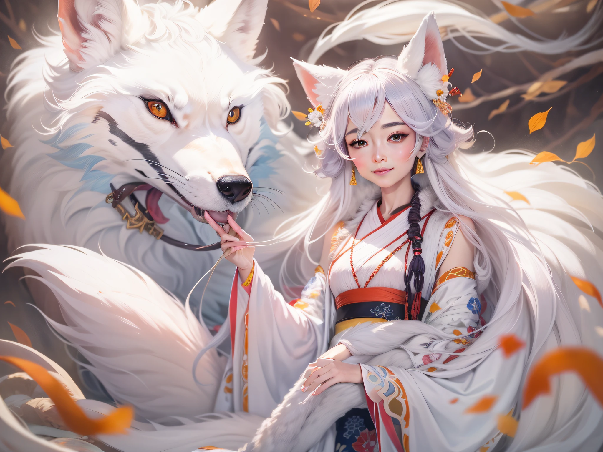 A high quality picture、Masterpiece-quality paintings are presented before us。There is a white nine-tailed fox in the picture,Its body resembles a transparent silk porcelain dress。The nine-tailed fox has a beautiful face,Wear gorgeous hair accessories and necklaces,He was also wearing jewelry。Its long hair is draped over the body,Pair with the earrings。It is smiling and looking at the audience,The mouth is slightly closed,The lips are rosy。The overall painting effect is very realistic,It was as if the nine-tailed fox was around。This work was created by Dark Studios,Through edge lighting and two-tone lighting,Creates a soft light effect。Background blur makes our gaze more focused on the beauty of the nine-tailed fox。
