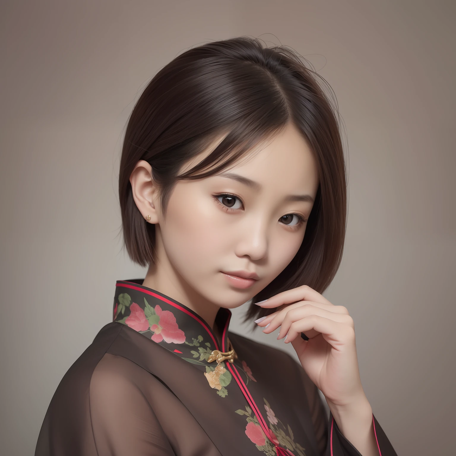 A Chinese woman, short detailed hair,Beautiful side face,holding chin in hand, Gray background