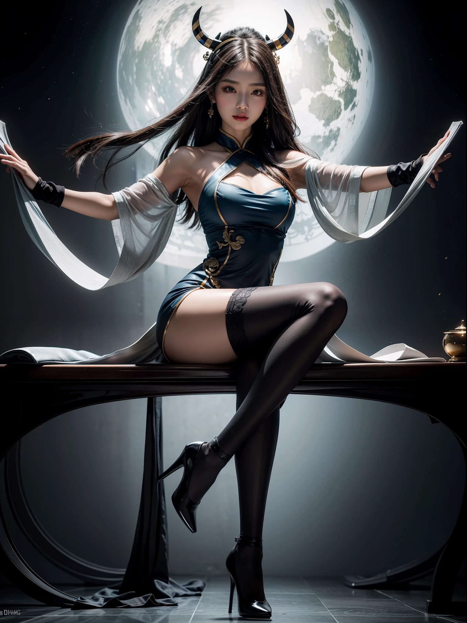 Splitting characters is prohibited,(Full body shot:1.3), Must show your face, anatomy correct, Sit on the space station,Leggings and stockings are mandatory,Polished pointed-toe heels must be worn, Colorful Ming Dynasty costumes, A shallow laugh, Complex and diverse backgrounds,Strangling effect,hyper HD, Ray traching, structurally correct, Award-Awarded, high detal, lightand shade contrast, Face lighting,cinmatic lighting, tmasterpiece, super detailing, high high quality, high detal, best qualityer, 16k