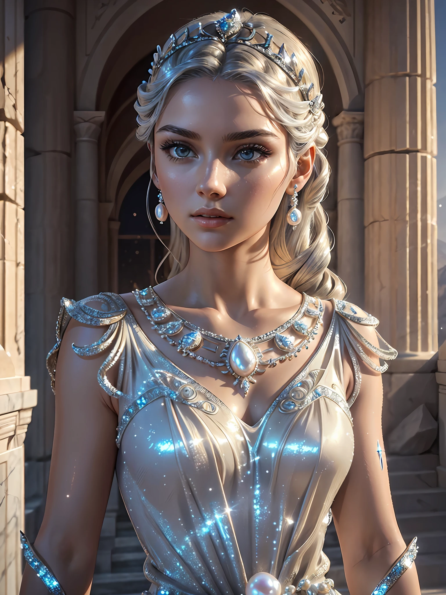 (masterpiece), (best quality), ((ultra-detailed)), (hyperrealistic), (highly detailed photo), cinematic lighting, photorealistic, extremely beautiful young lady in the marble rocks, dramatic pose, intricate detailed silver glittering ancient greek style pearl dress, shining, gloss, crisp, flirty, epic, focus, artistic, very bright, intricate hairstyle