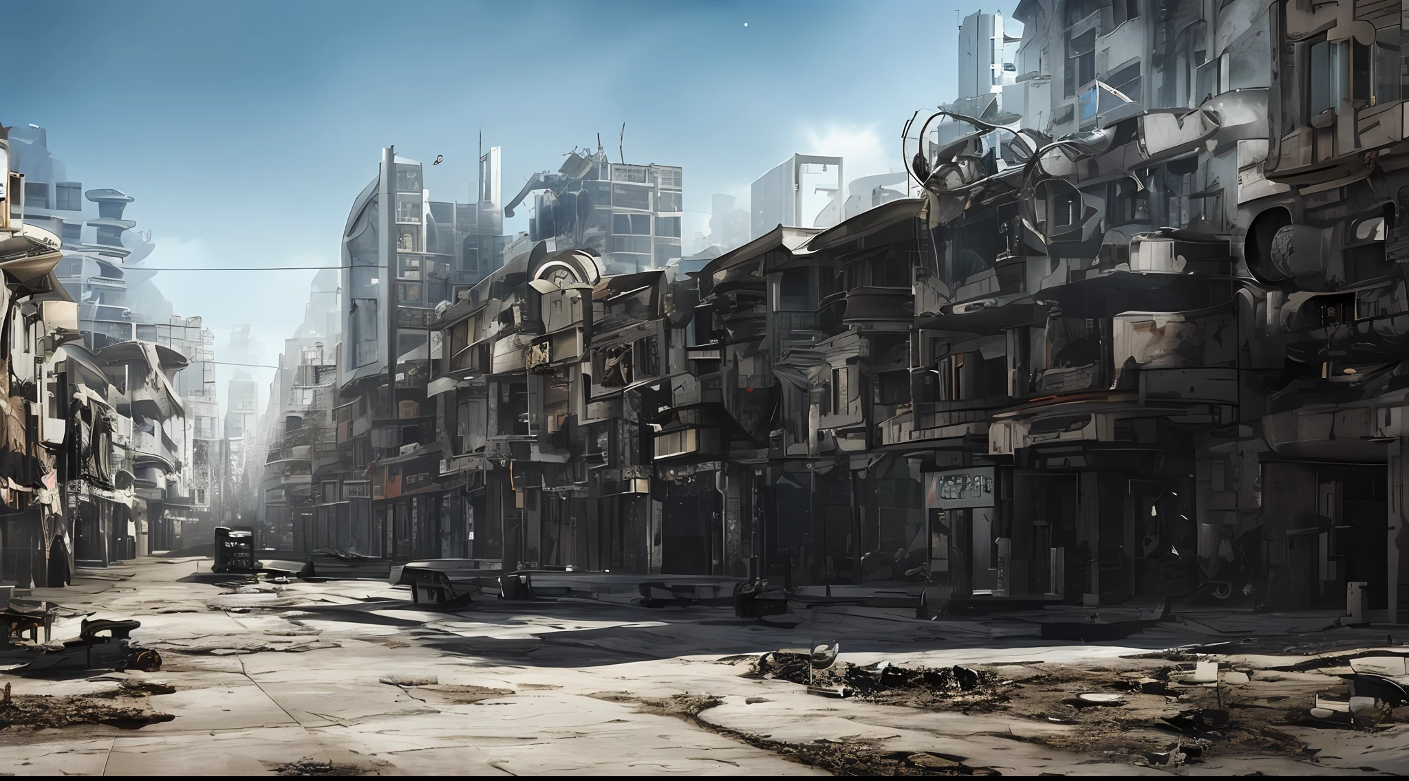 post apocalyptic futuristic city, Agujas de cristal destrozadas, Calle llena de escombros, broken machines