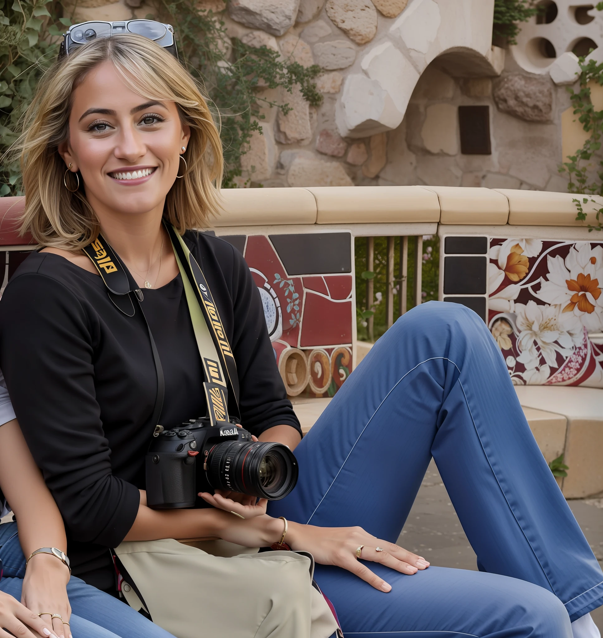 they are sitting on a bench with a camera and a camera, photo portrait, portrait photo, in barcelona, portait photo, while smiling for a photograph, posed, a picture, candid portrait, in spain, smiling at the camera, candid portrait photo, portrait shot, portrait picture, smiling for the camera, photographic portrait, photo taken in 2018