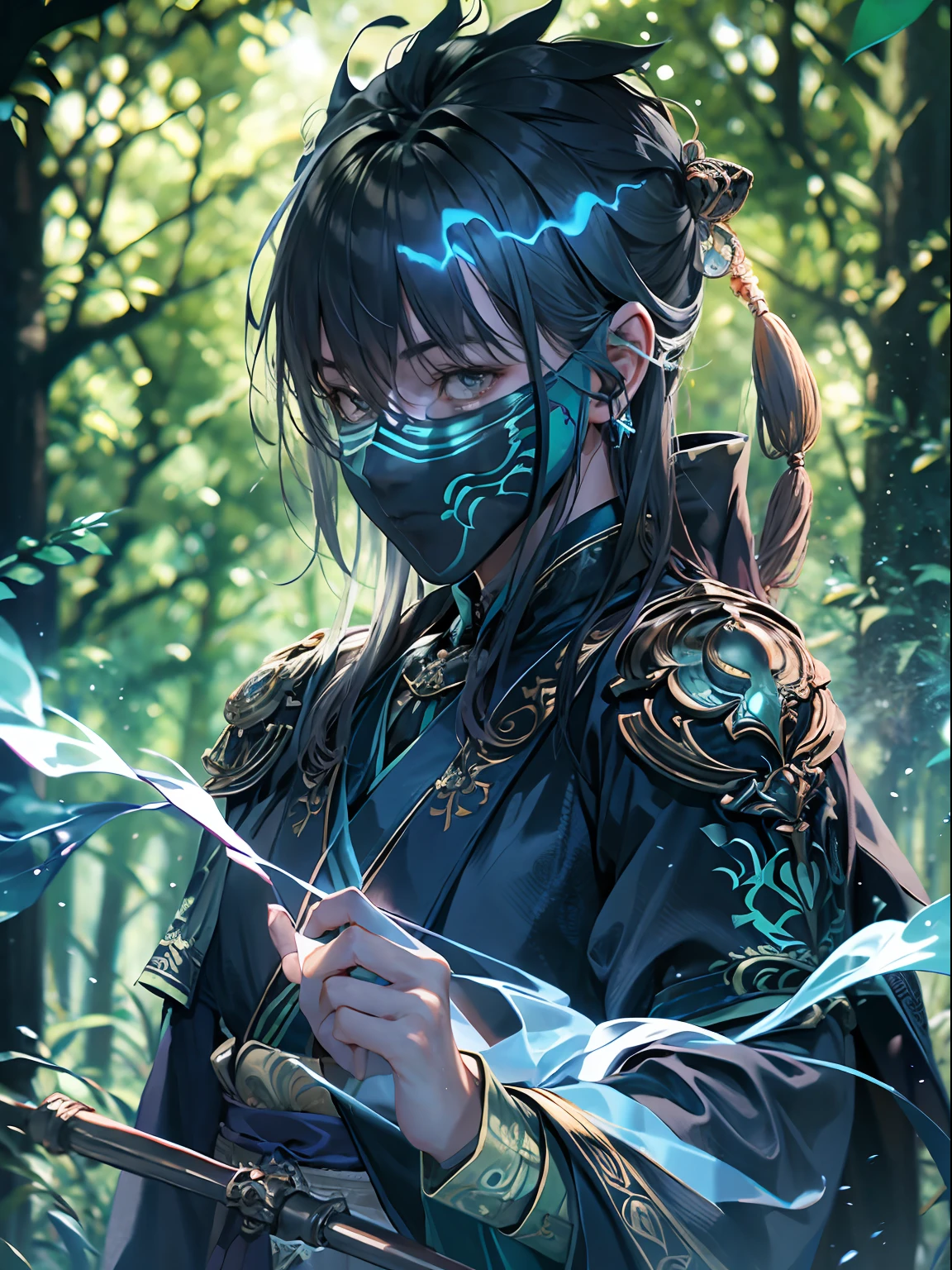 A young male teenager with half japanese ghost mask holds blue fire, wears japanese black light armor, in the dark forest, cinematic lighting, depth of field, glowing light, ray tracing, reflection light, close-up, masterpiece, masterpiece, high quality, best quality, high details, ccurate, anatomically correct, textured skin, UHD, highres, 1080P