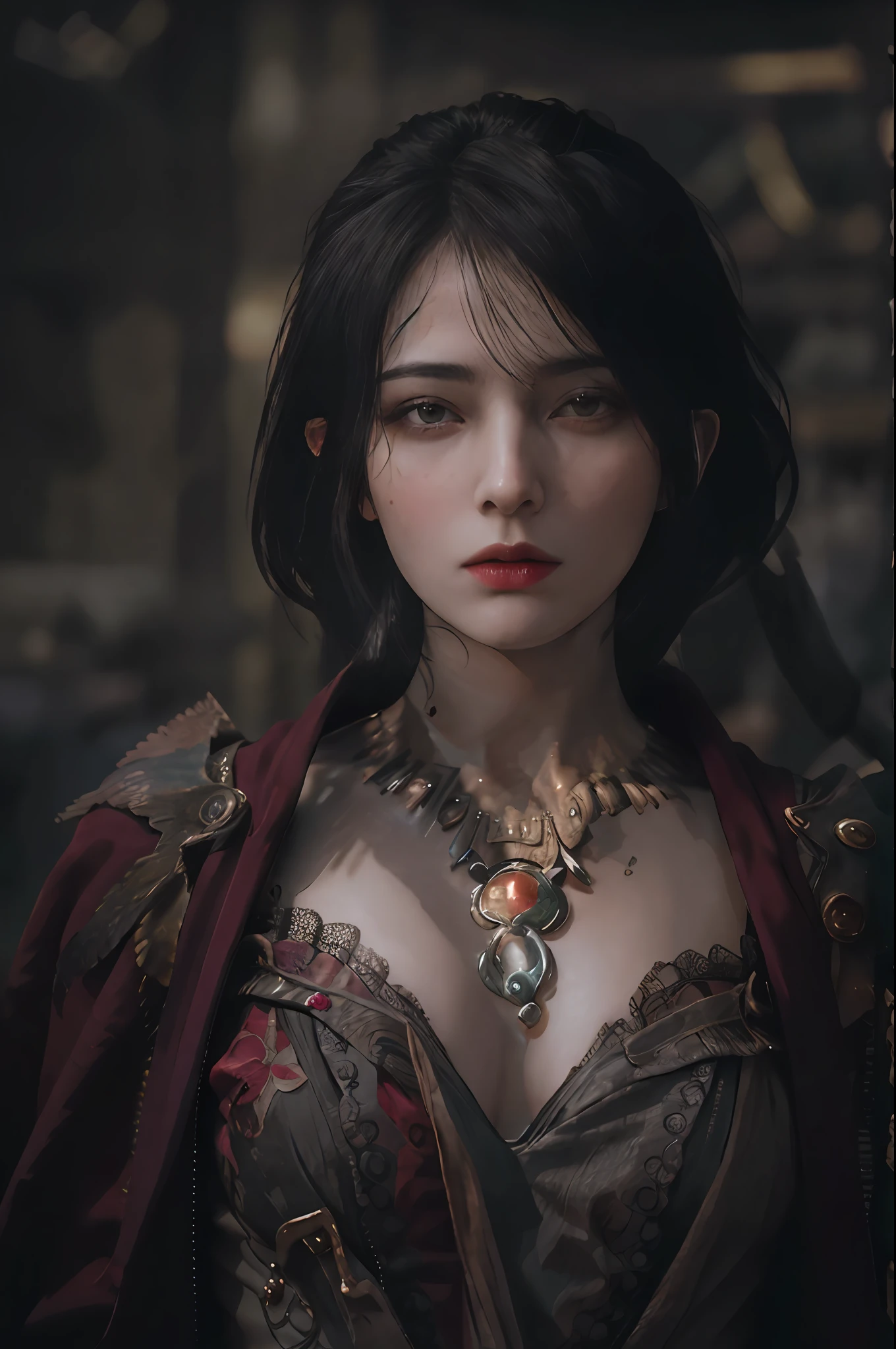 masterpiece, highest quality, RAW, analog style, A stunning portrait of a beautiful woman, morrigan, breast, wearing a mage robe, ((highly detailed skin, skin details)), sharp focus, 8k UHD, DSLR, high quality, film grain, Fujifilm XT3, polaroid, frowning, intricately details, highly detailed, cluttered and detailed background