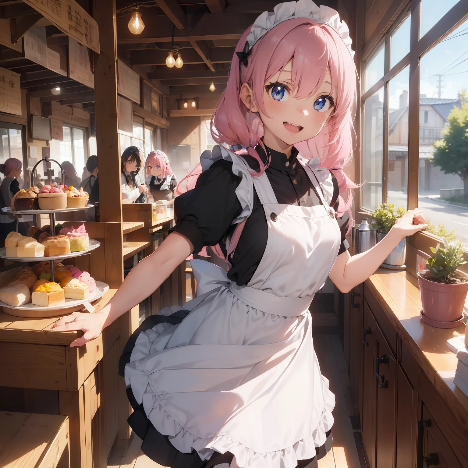 (superfine illustration:1.2),(masutepiece, 8K), (Best Quality, High quality:1.4), portlate、((Super Pastel)),Perfect Anatomy, Hyper Detailed, ultra-detailliert,masterpiece background,beautiful detailed background, V8K Wallpapers,perfect design, 1girl in, Solo, (Outstretched arms,slender, Very short sleeves,Pink hair,maid, Outstanding smile、(Carrying lunch),frombelow, Cowboy Shot:1.2), (lightsmile, Open mouth, , Pink hair, (Super long hair,Twin-tailed), Blue eyes, Blue eyes, Black blouse, Short sleeves, maid apronl, white maid apron, Long black trousers, Long pants, long boots, Slender girl), (Inside a coffee shop in a fantasy world of medieval Europe)、order