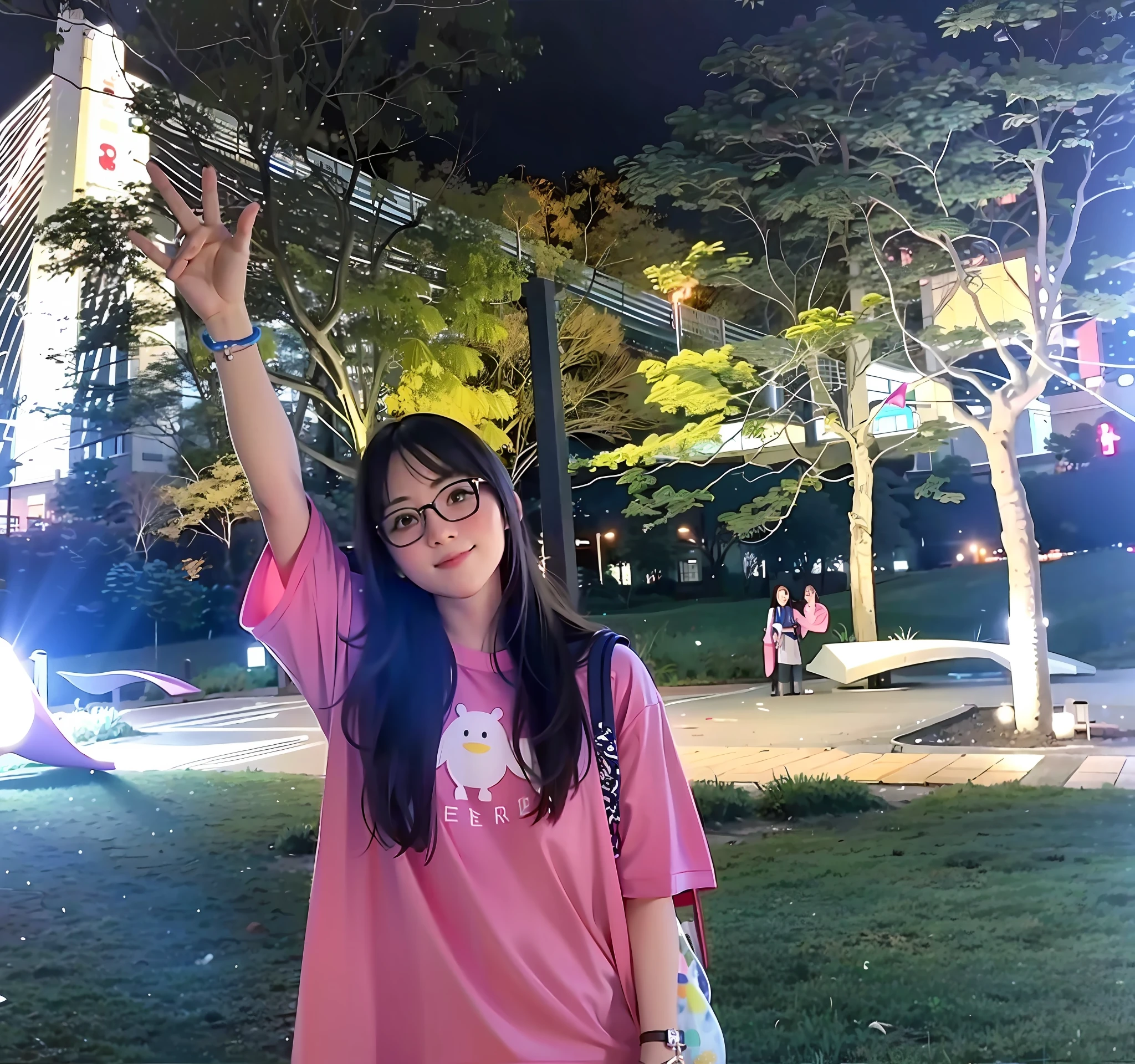 Woman in pink shirt holding a kite in the park, at park, park in background, wenfei ye, In Park, With sunset, low quality photo, photo taken at night, waving and smiling, 8K 50mm ISO 10, very very low quality picture, waving at the camera, with a park in the background