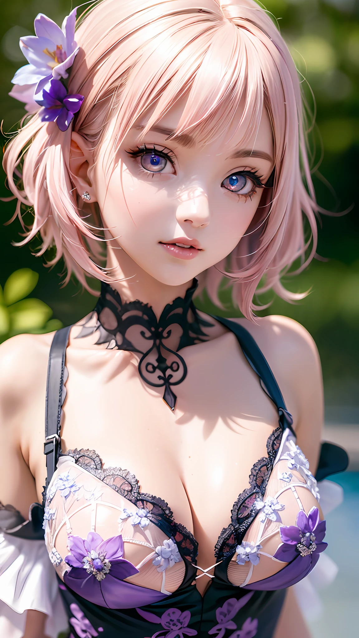 Realistic, Hyper Detail, Girls Only, Layered Bob, Dynamic Lighting, ((Bold imaginative pose)), (Glossy skin: 1.5), Masterpiece, Top Quality, Absurdity, Watching Viewer, (Blonde and Pink Hair), deep Purple Clear Eyes,((Beautiful, detailed eyes, jewel-like eyes, colorful eyes, sparkling eyes:1.3)), Slender, High Resolution, Sharp Focus, Depth of Field, Detail Eyes, Sharp Eyes, (Realistic Eyes)), outdoors, sunrise sky, (attractive delicate design river trimmed lace dress, (intricately patterned heliotrope y armor wearing): 1.3))