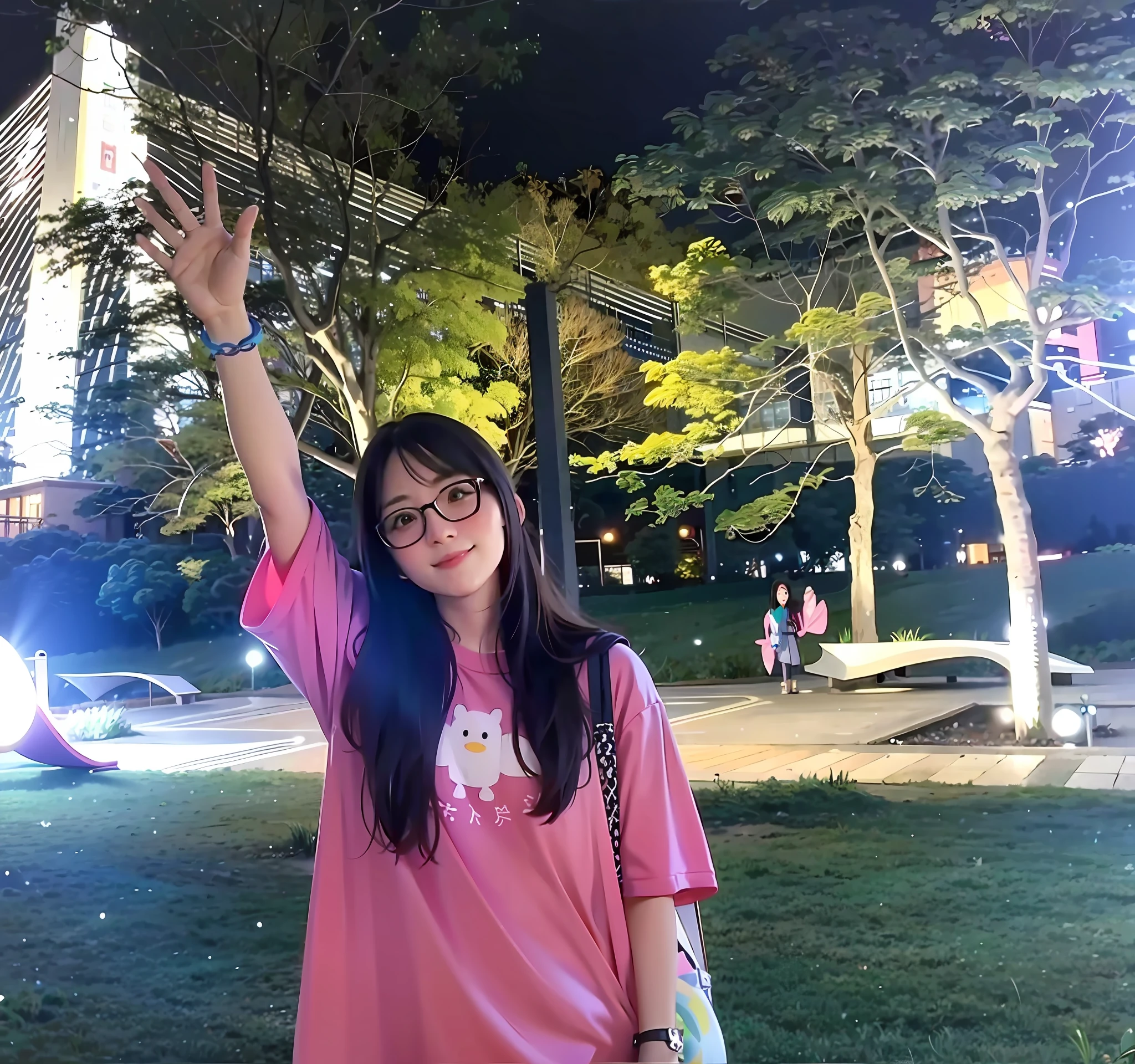 Woman in pink shirt holding a kite in the park, at park, park in background, wenfei ye, In Park, With sunset, low quality photo, photo taken at night, waving and smiling, 8K 50mm ISO 10, very very low quality picture, waving at the camera, with a park in the background