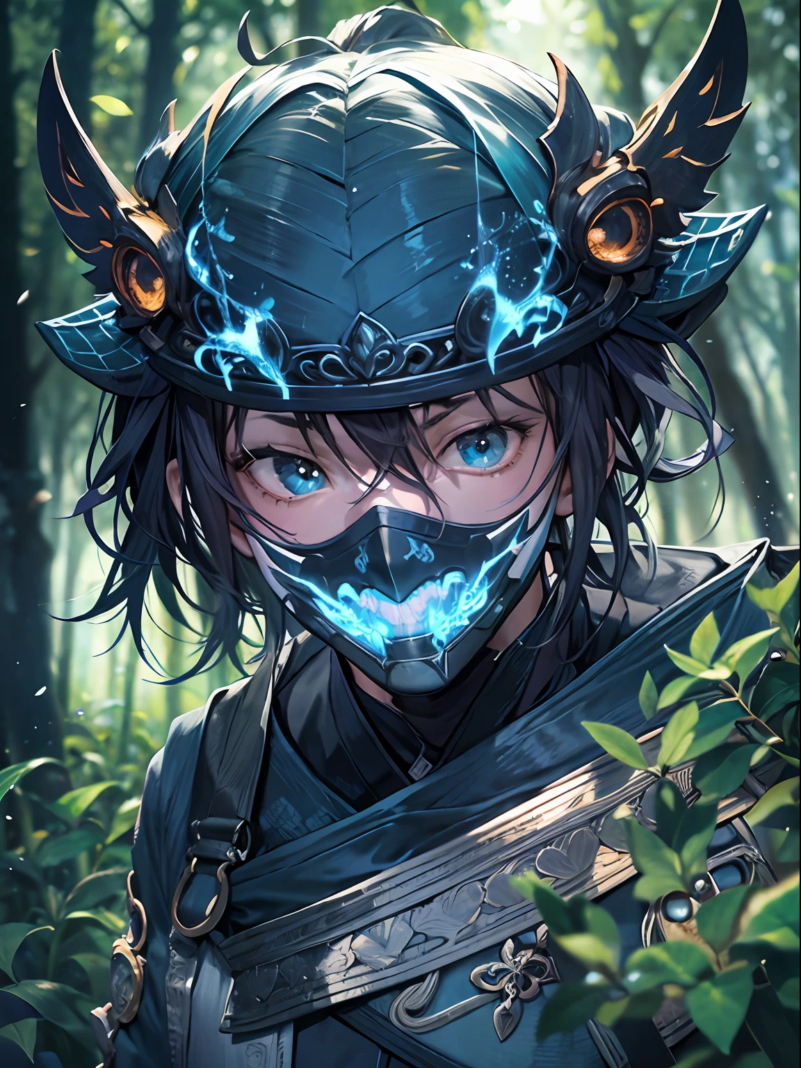 A young male teenager with half japanese ghost mask holds blue fire, wears japanese black light armor, in the dark forest, cinematic lighting, depth of field, glowing light, ray tracing, reflection light, close-up, masterpiece, masterpiece, high quality, best quality, high details, ccurate, anatomically correct, textured skin, UHD, highres, 1080P