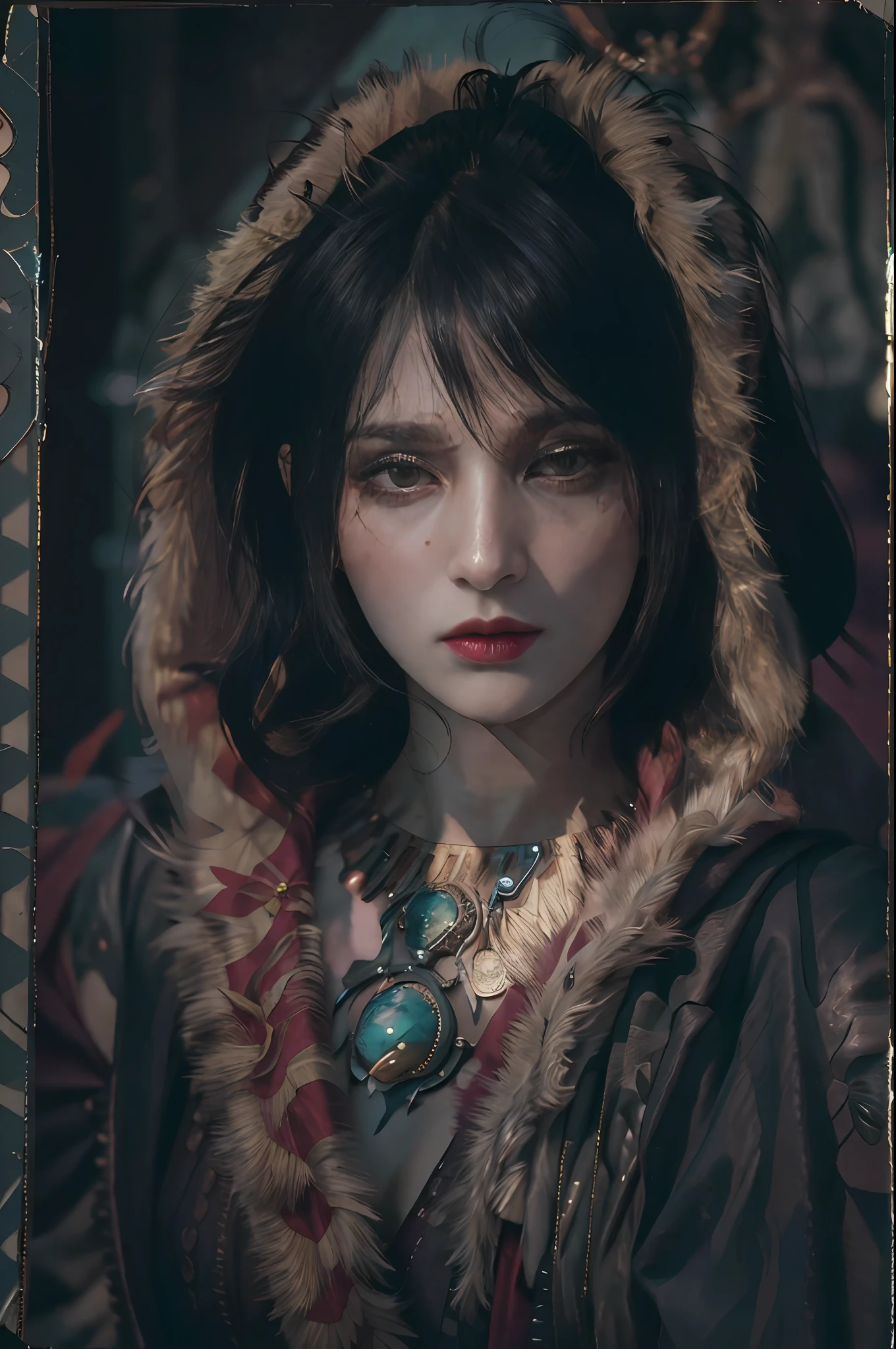 masterpiece, highest quality, RAW, analog style, A stunning portrait of a beautiful woman, morrigan, breast, wearing a mage robe, ((highly detailed skin, skin details)), sharp focus, 8k UHD, DSLR, high quality, film grain, Fujifilm XT3, polaroid, frowning, intricately details, highly detailed, cluttered and detailed background