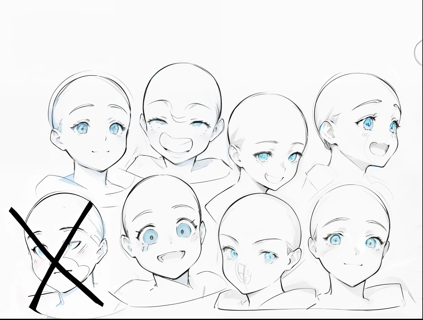 Close-up drawing of a group of people with different facial expressions, different expression, Default neutral pose expression, Neutral expressions, slightly happy facial expression, Corrected faces, cute expression, Faceless, expressions, Empty expression, Third eye, middle of the forehead, Exact Faces, cute faces, Realistic facial expression, detailed facial expression, Anime shading, Anime shading), facial expressions
